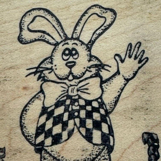 Touche Easter Bunny Rubber Stamp Rabbit Waving Hello Whimsical Bowtie Cardmaking