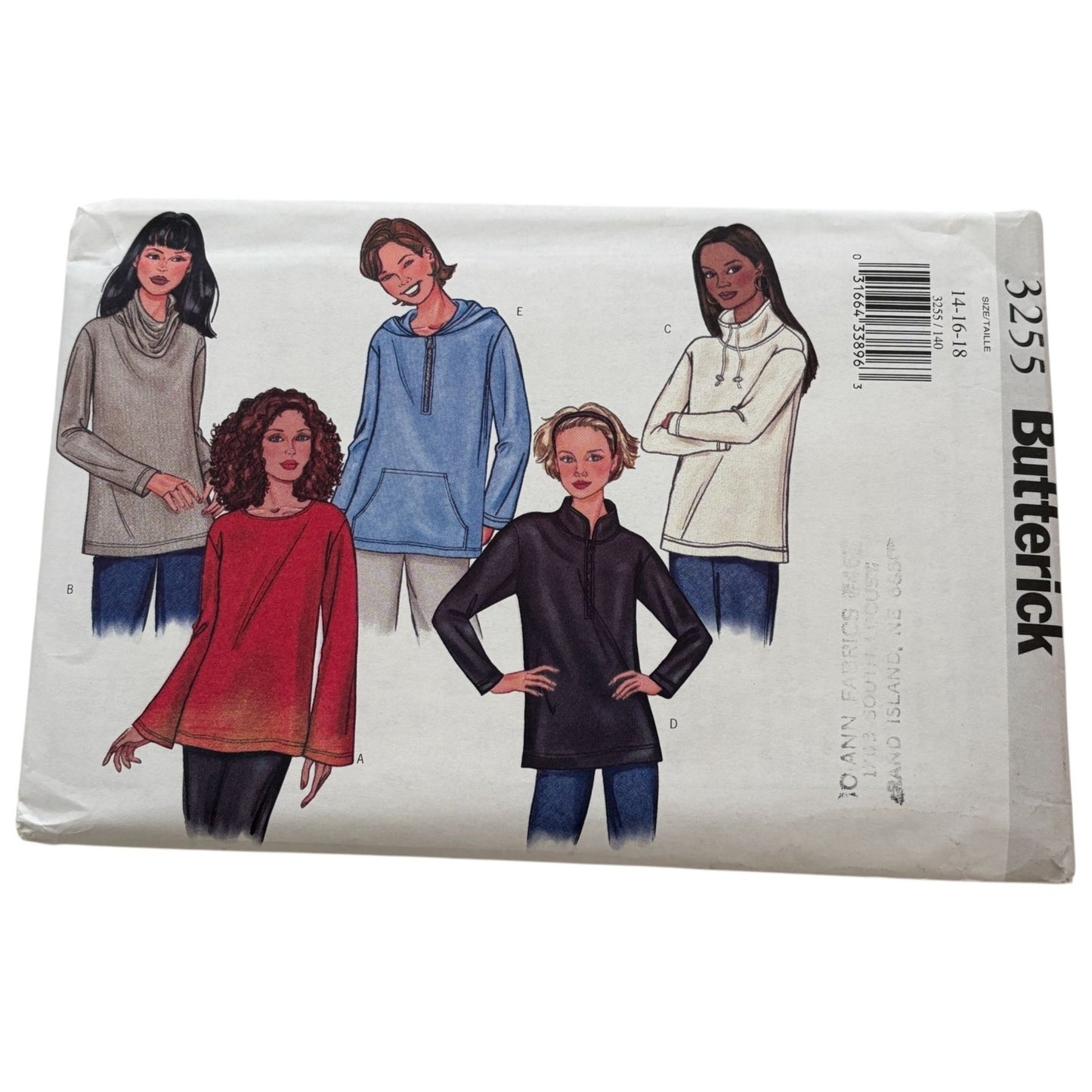 Butterick Sewing Pattern 3255 Misses Tops Loose Fit Hoodie Cowl Neck 14-18 Uncut
