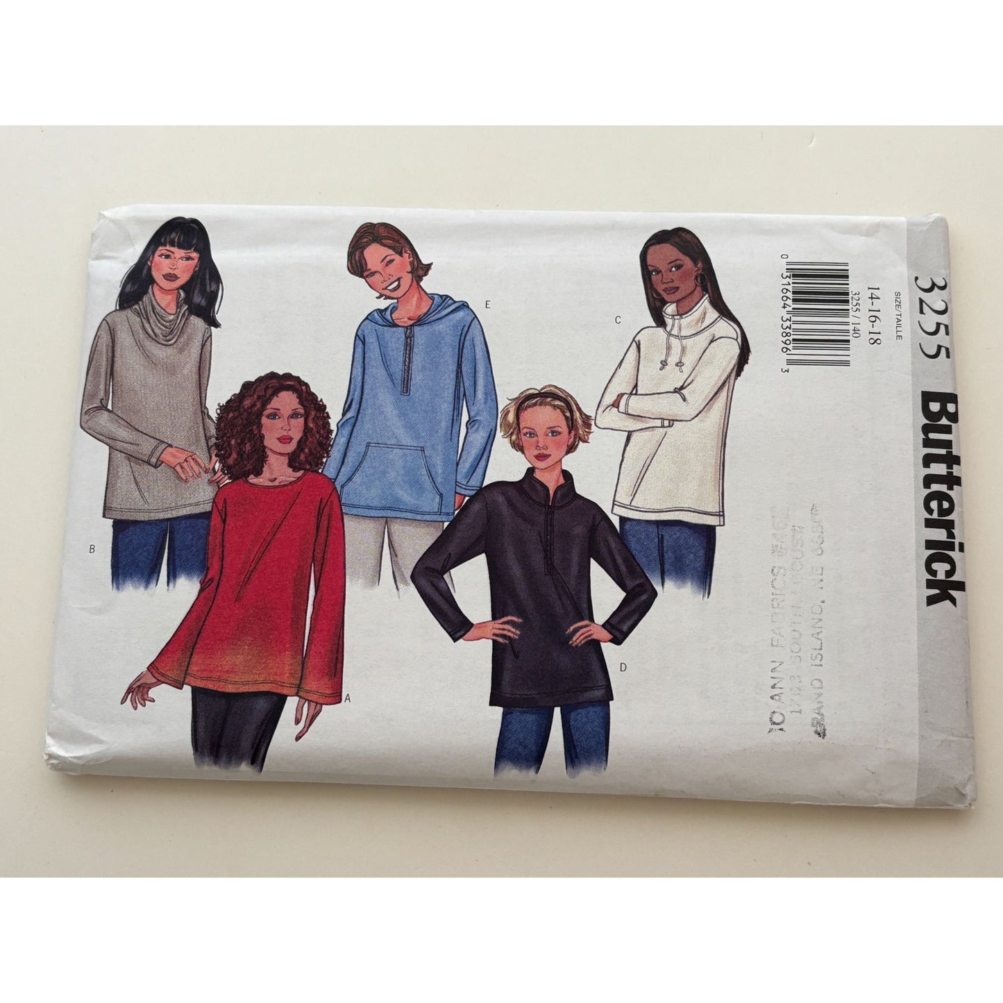 Butterick Sewing Pattern 3255 Misses Tops Loose Fit Hoodie Cowl Neck 14-18 Uncut