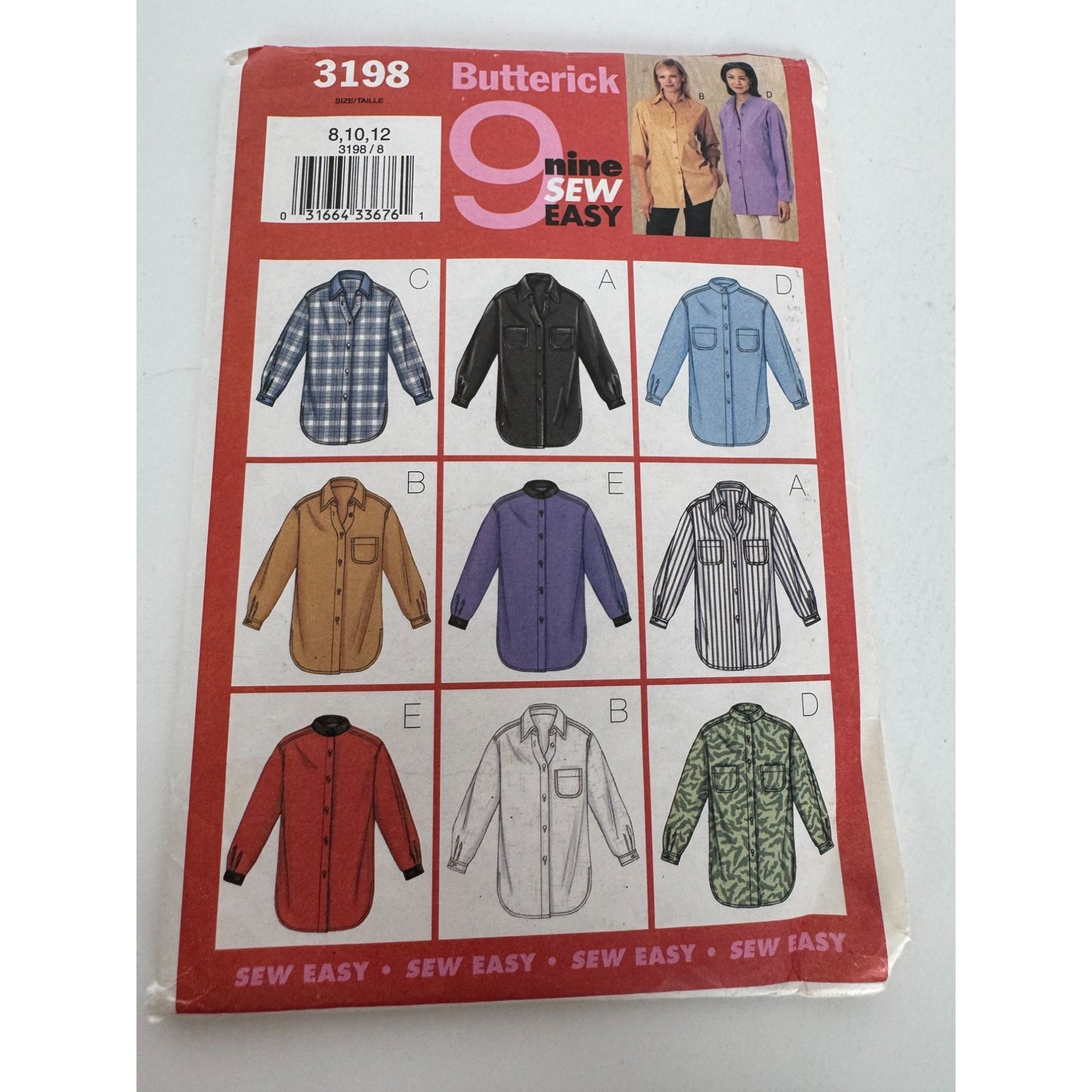 Butterick Sewing Pattern 3198 Oversized Shirt Front Button 8 10 12 Nine Sew Easy