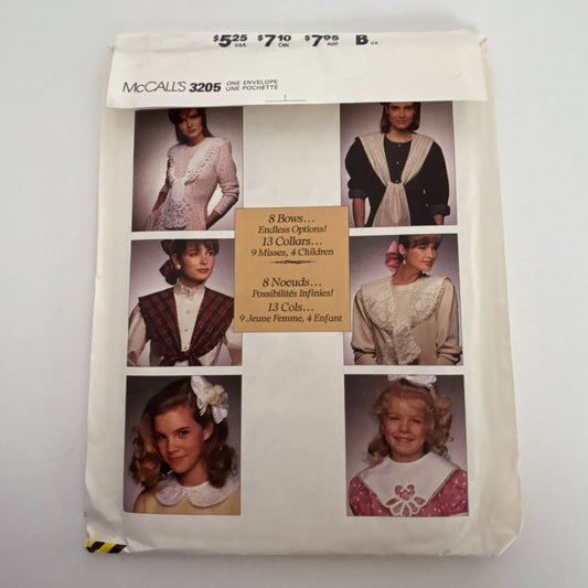 McCalls Sewing Pattern 3205 Hair Bow Collars for Ladies Children Accessory 1980s