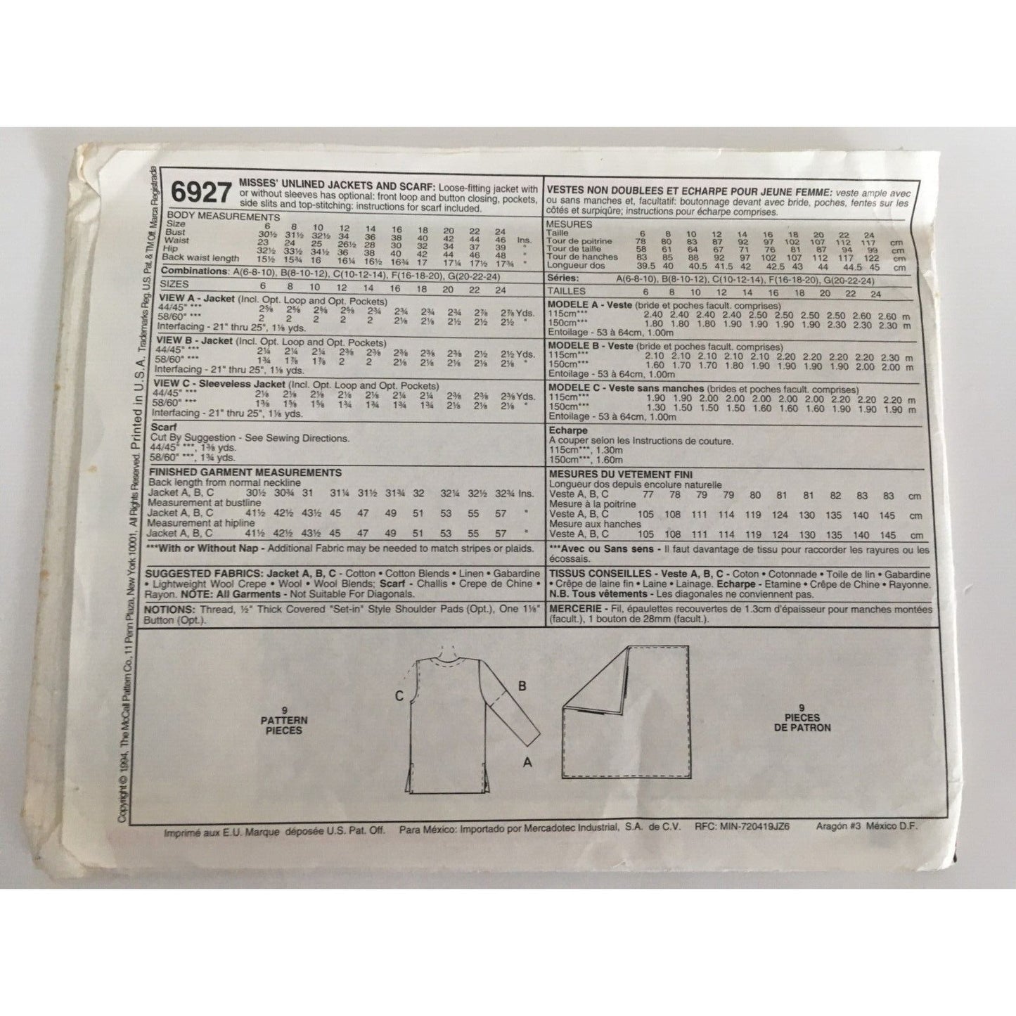 McCalls Sewing Pattern 6927 Unlined Jackets Scarf Career Work Style 10-14 Uncut