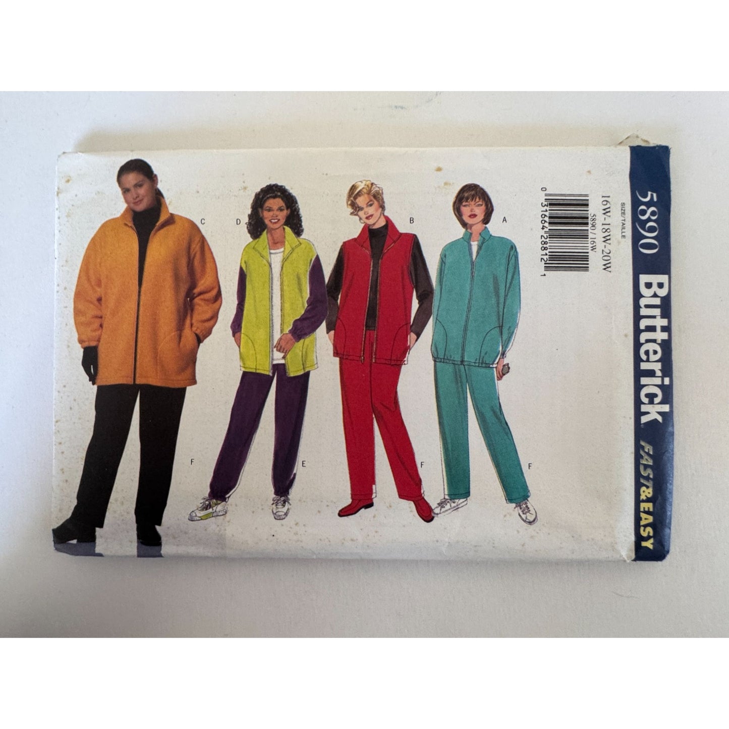Vintage 90s Tracksuit Sewing Pattern Butterick 5890 Jacket Vest Pants Athleisure Pattern 16W-20W Uncut