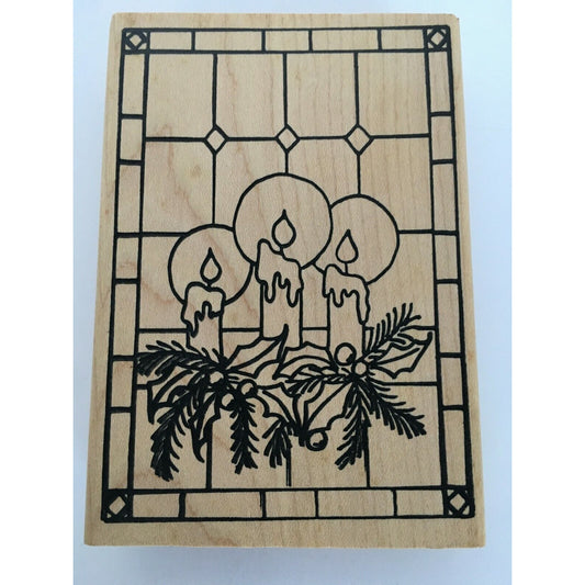 Raindrops on Roses Rubber Stamp Christmas Candles Holly Window Stained Glass