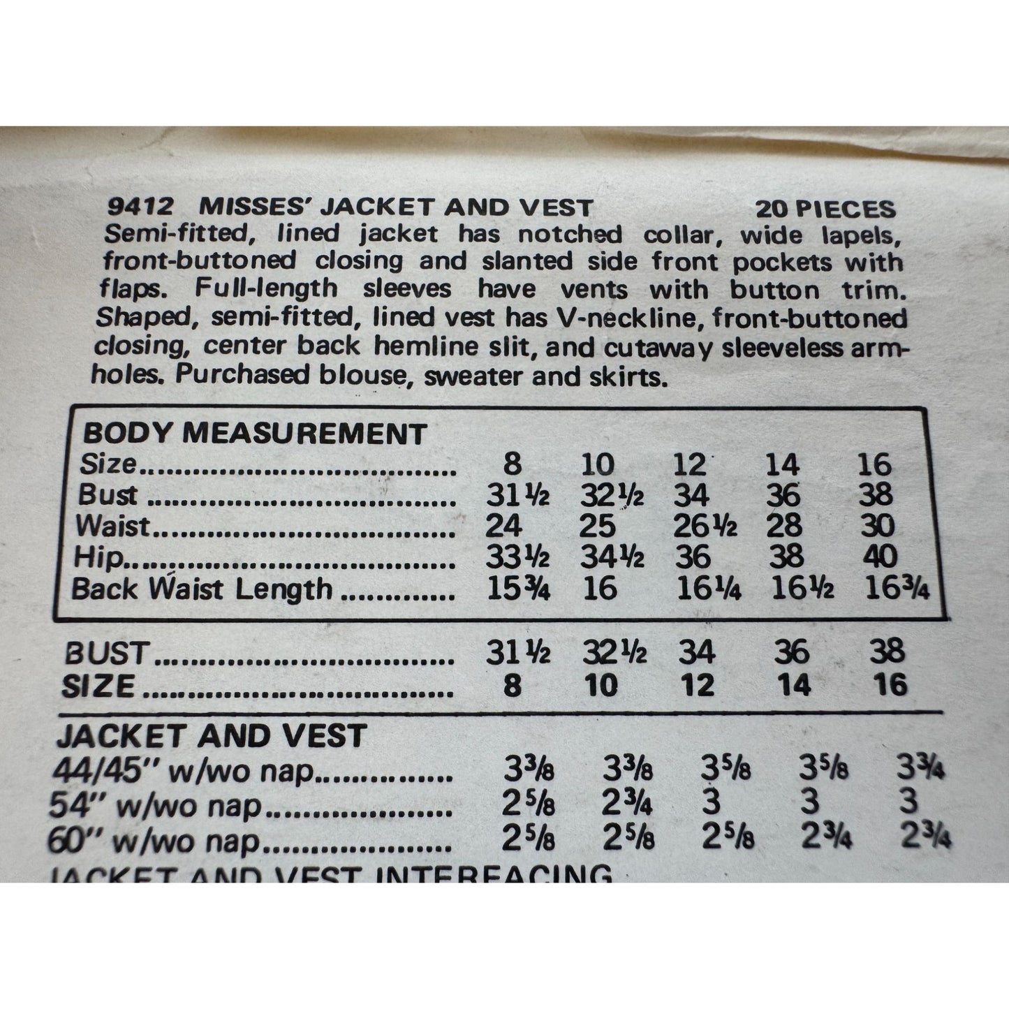 Vogue Sewing Pattern 9412 Misses Jacket Wide Lapels V-Neck Vest Preppy Sz 8 UC