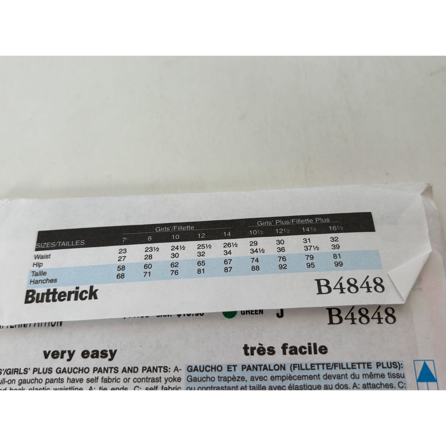 Butterick Sewing Pattern B4848 Girls Plus Sizes Easy Gaucho Pants and Pants UC