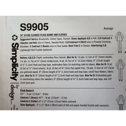 Simplicity Sewing Pattern S9905 Plush Slender Bunny with Clothes Easter Decor UC