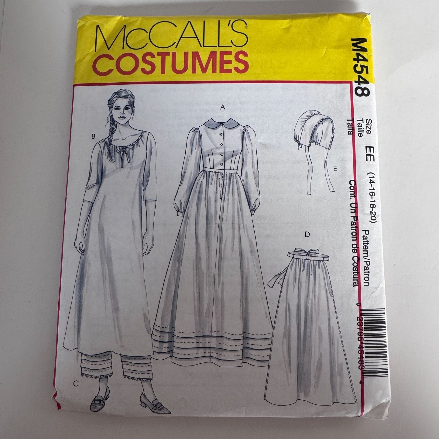 McCalls Sewing Pattern M4548 Prairie Dress Bonnet Early American Costume Uncut 14-20 Colonial