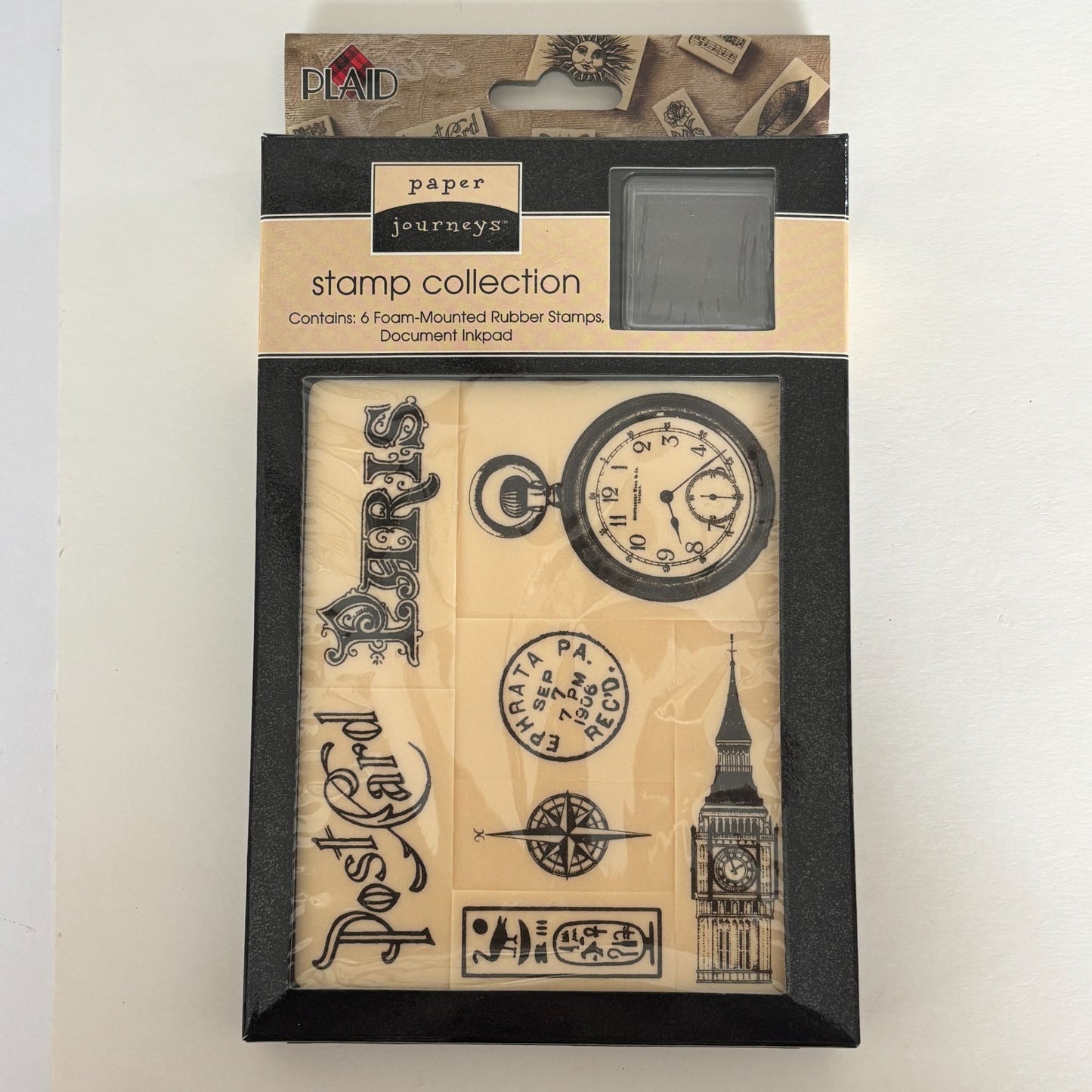 Paper Journeys Foam Mounted Rubber Stamp Set Vintage Travel Paris London Clock Ephemera Compass