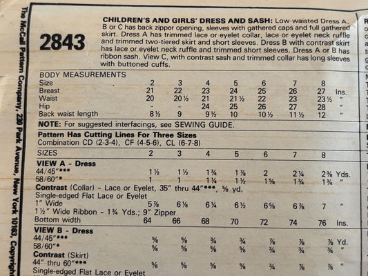 McCalls Sewing Pattern 2843 Girls Party Dress Sash Sizes 2 3 4 Vintage 1980s UC