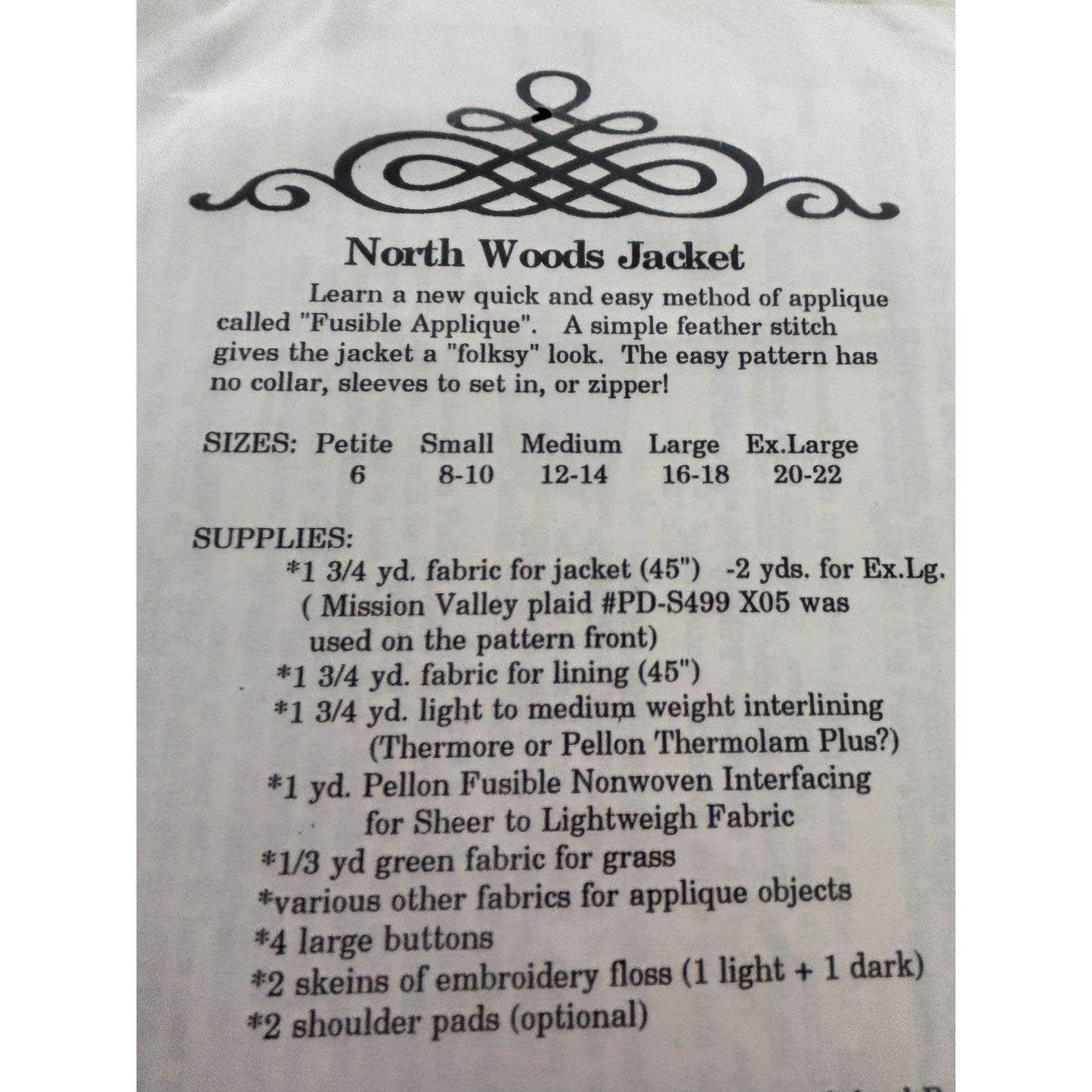 Eileens Design Sewing Pattern North Woods Jacket Fusible Applique Folksy 6-22 UC
