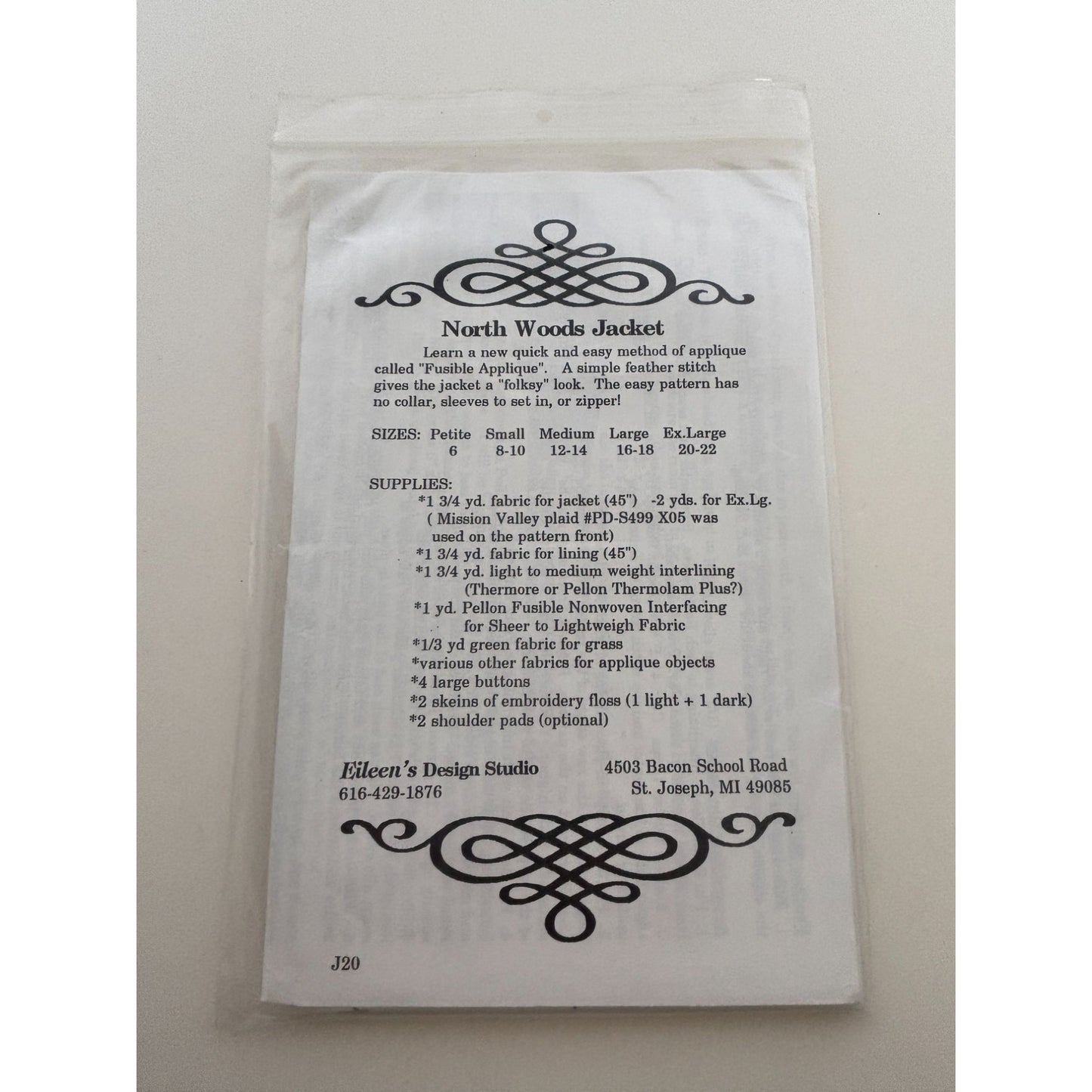 Eileens Design Sewing Pattern North Woods Jacket Fusible Applique Folksy 6-22 UC