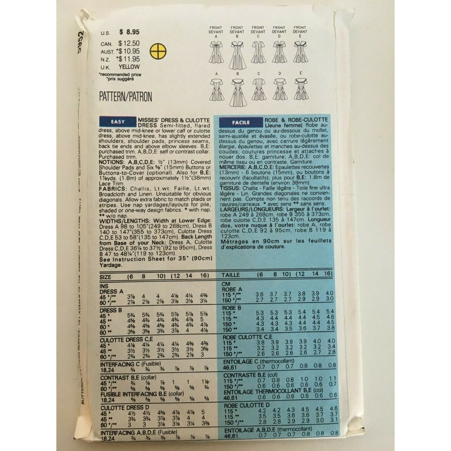 Butterick Sewing Pattern 5952 Flared Dress Culotte Casual Summer Size 6 8 10 UC