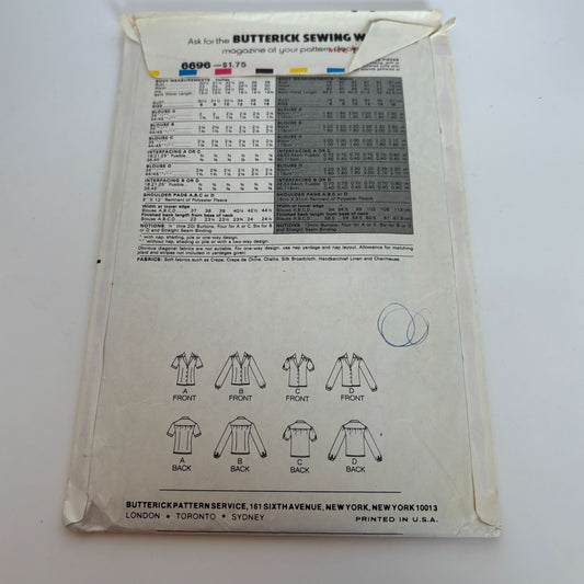 Butterick Sewing Pattern 6696 Casual Shirt Blouses Vintage 1980s CUT to Size 14