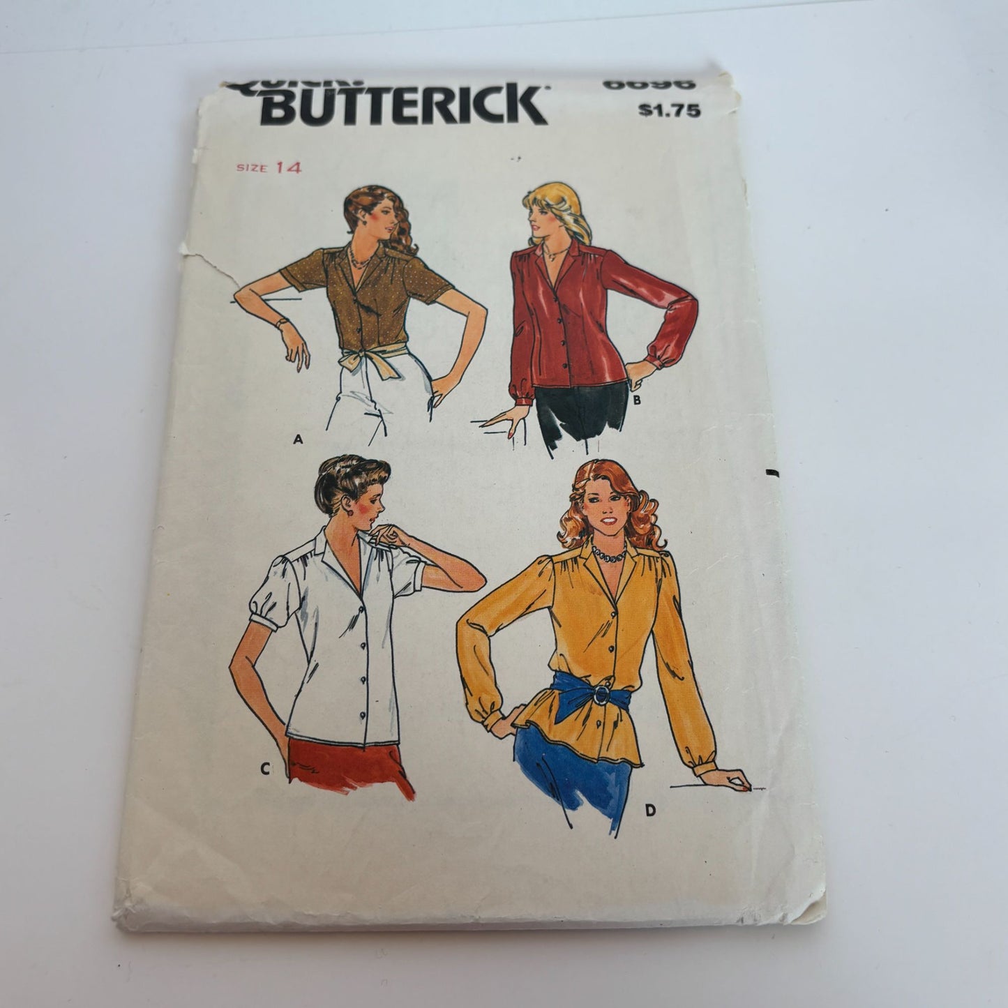 Butterick Sewing Pattern 6696 Casual Shirt Blouses Vintage 1980s CUT to Size 14