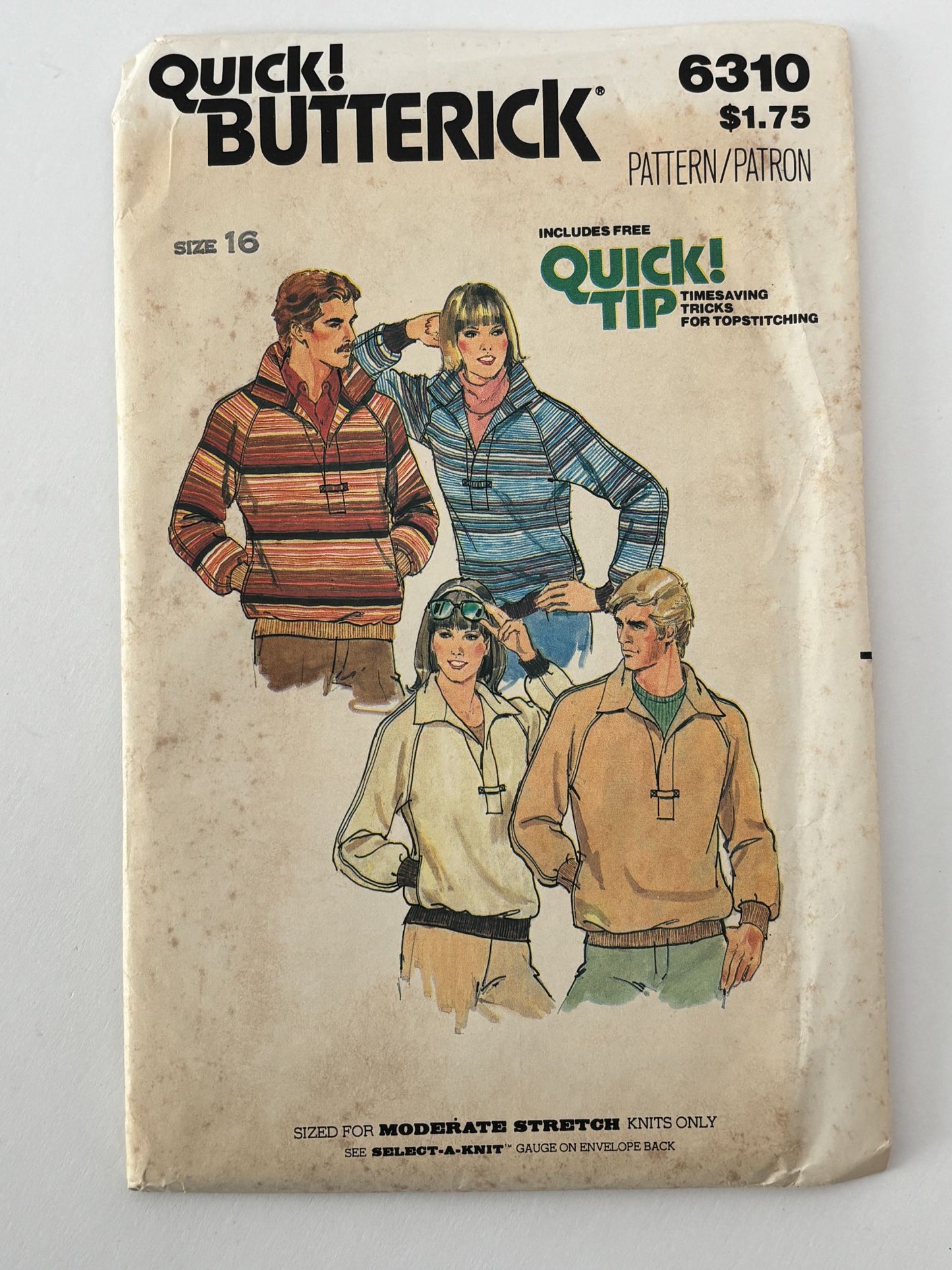 Butterick Sewing Pattern 6310 Misses Raglan Sweatshirt Top Shirt 1980s 16 Uncut