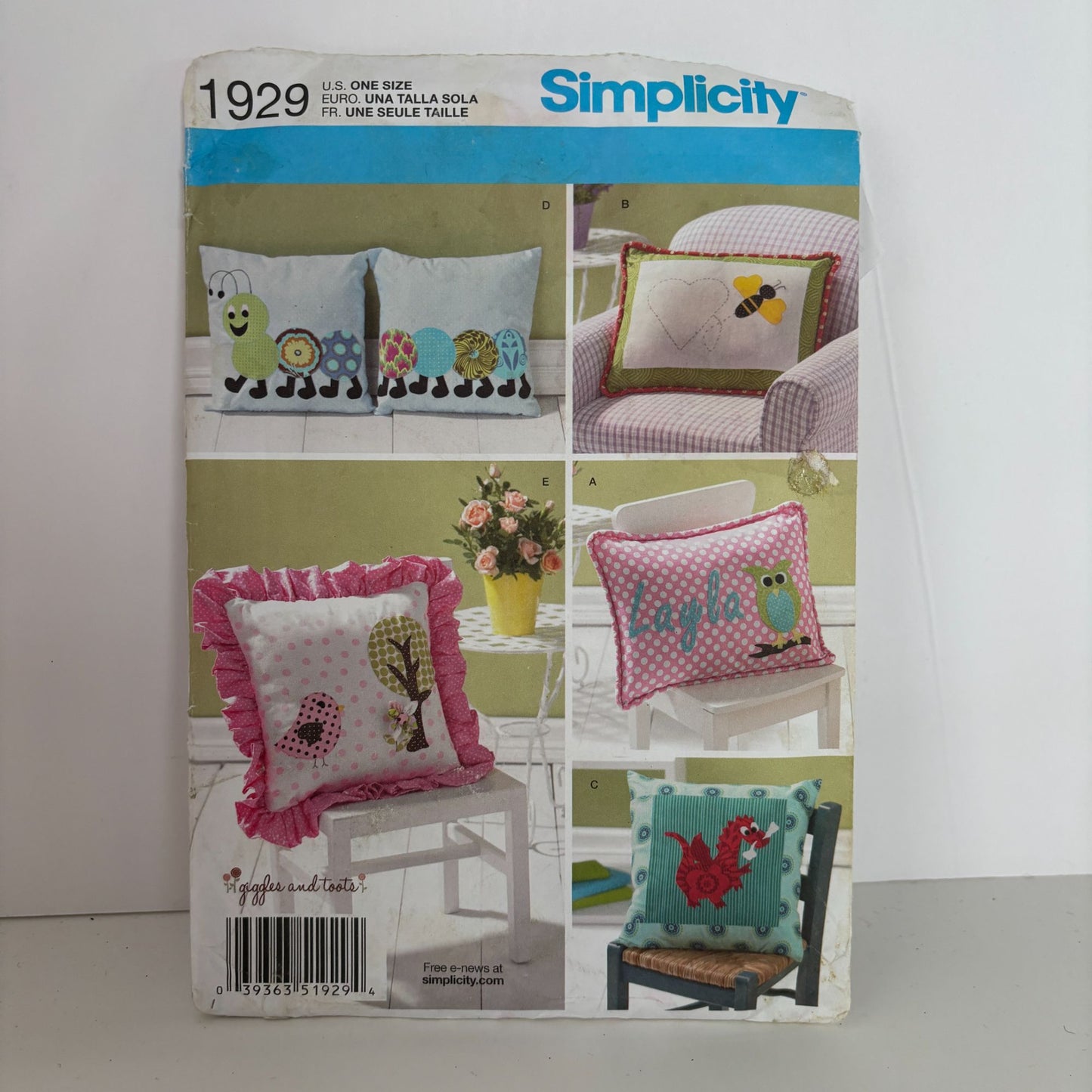 Simplicity Sewing Pattern 1929 Appliqued Pillows Owl Bee Caterpillar Dragon Bird