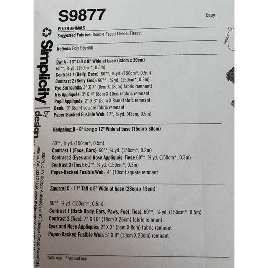 Simplicity Sewing Pattern S9877 Plush Stuffed Animal Owl Hedgehog Squirrel Easy