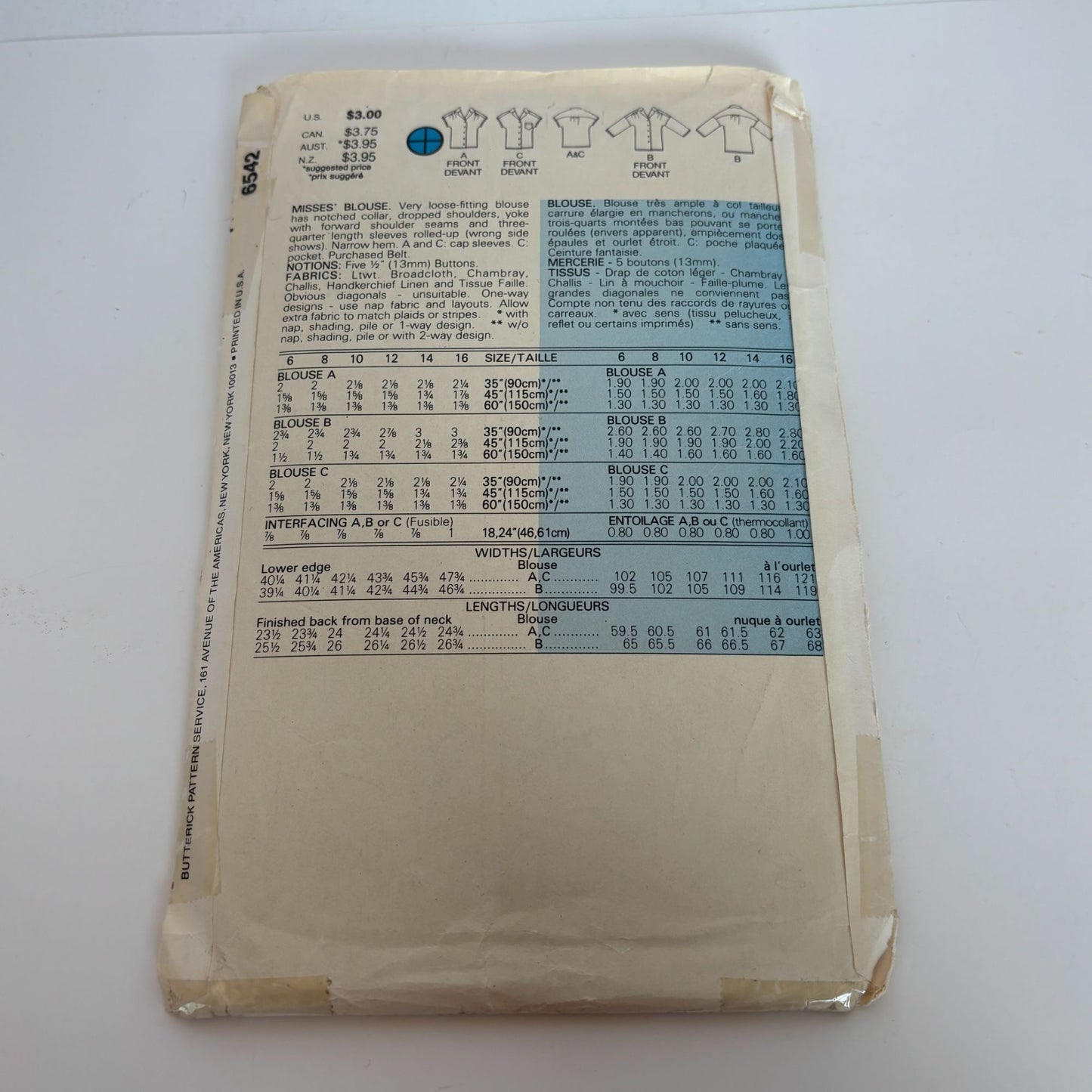 Butterick Sewing Pattern 6542 Blouse Button Down Shirt Vintage CUT to size 16