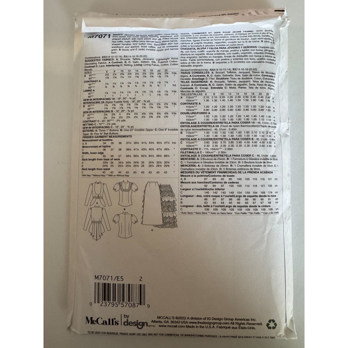 McCalls Sewing Pattern M7071 Victorian Costume Jacket Blouse Skirt 14-22 Ruffles