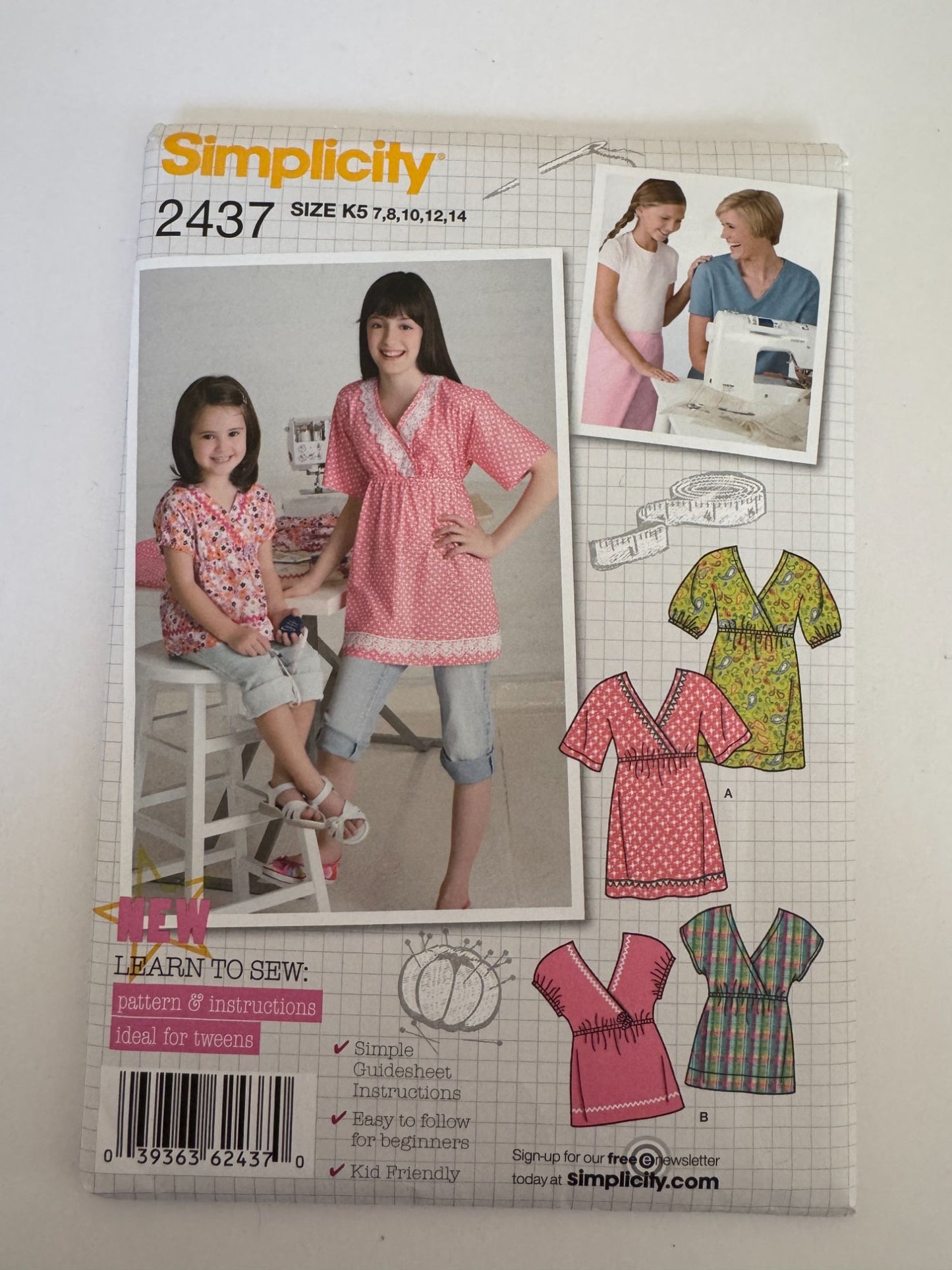 Simplicity Sewing Pattern 2437 Tween Girls Top Shirt Learn to Sew Sizes 7-14 UC