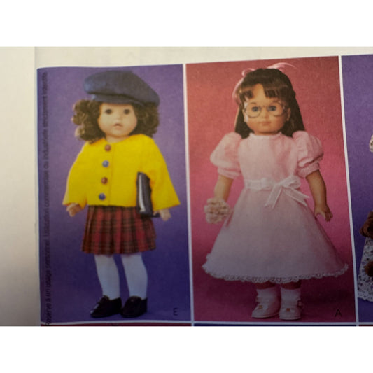 McCalls Sewing Pattern 3900 Doll Wardrobe Dress Coat Cheerleader Pajamas Y2K 18" Uncut