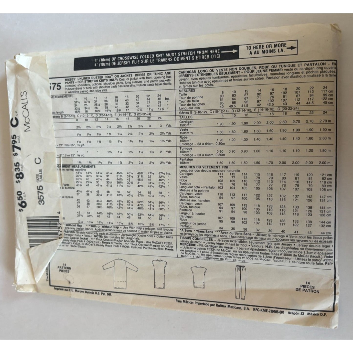 McCalls Sewing Pattern 3575 Duster Coat Dress Tunic Pants Jacket Work 10-14 UC