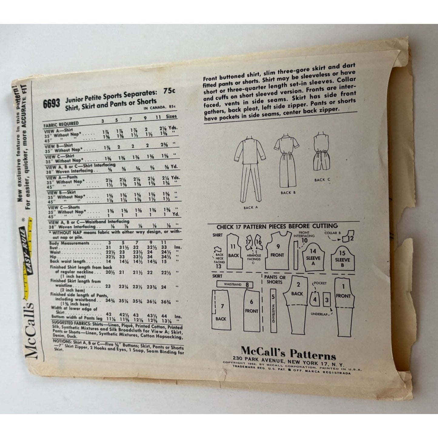 McCalls Sewing Pattern 6693 Junior Petite Shirt Skirt Pants Shorts 5JP 1962