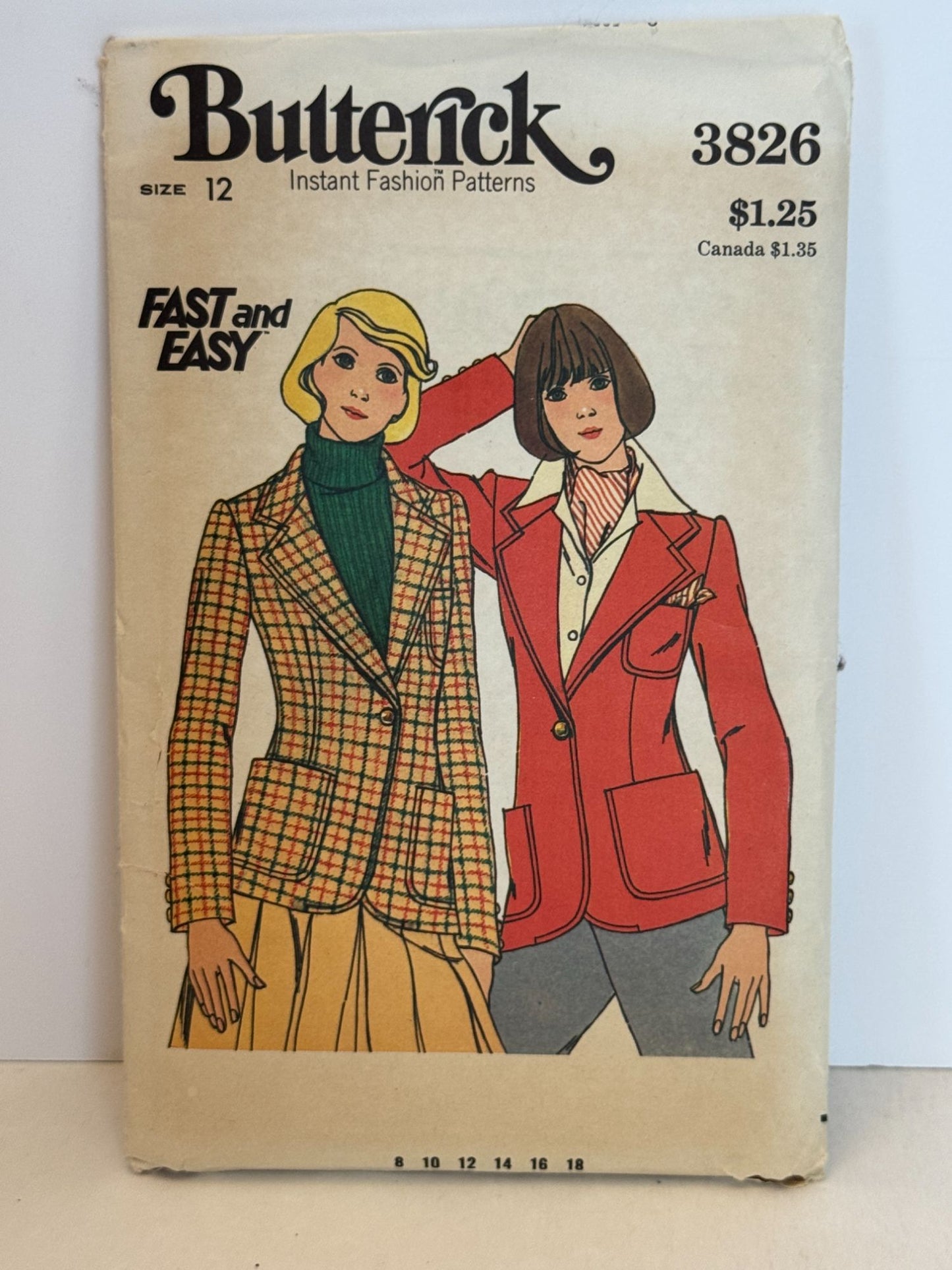 Butterick Sewing Pattern 3826 Jacket Blazer Vintage Size 12 Easy Notched Collar