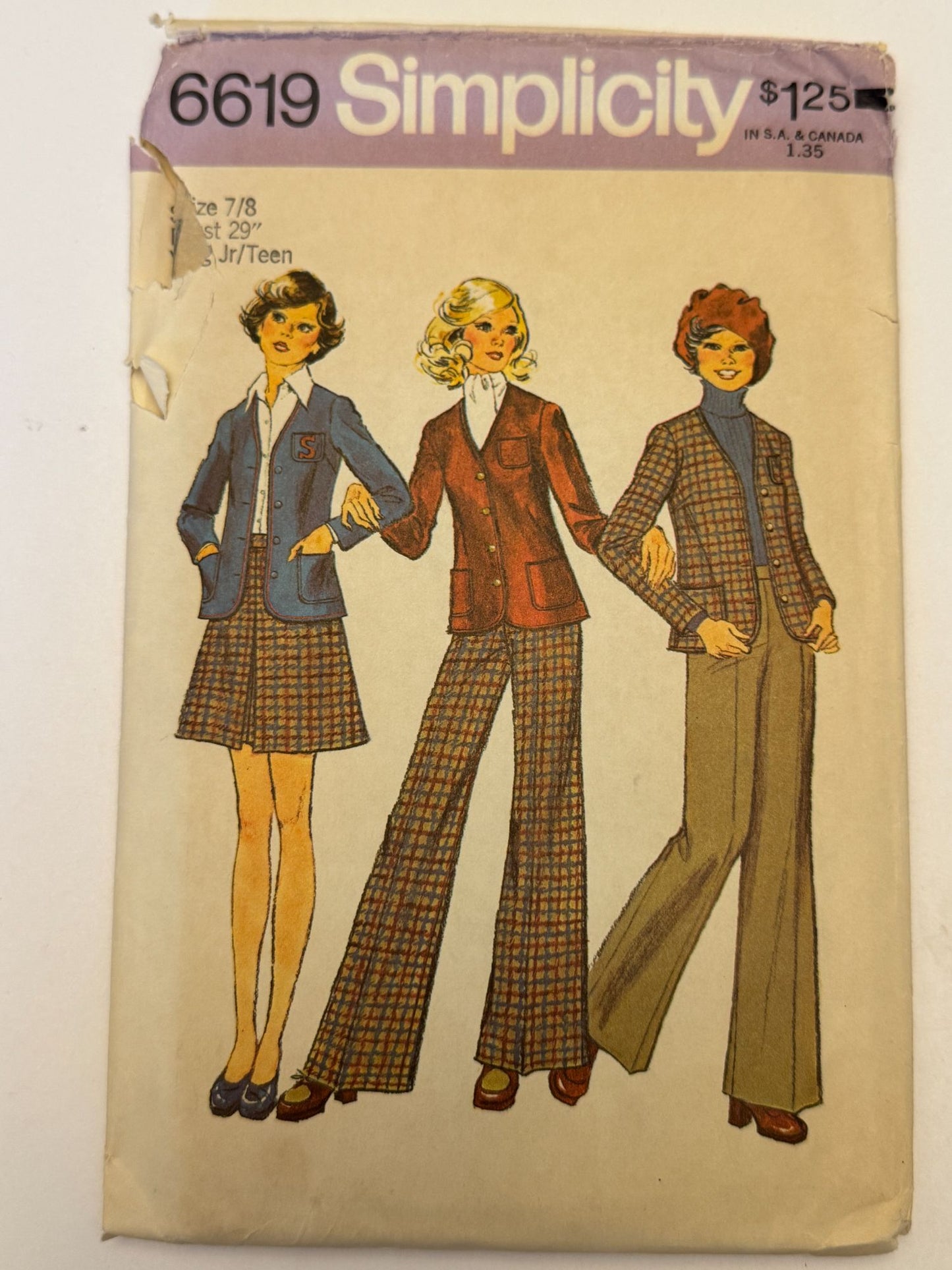 Simplicity Sewing Pattern 6619 Vintage 1970s Juniors Teen Outfit Skirt Preppy UC