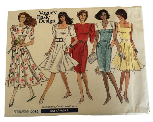 Vogue Sewing Pattern 2062 80s Fit Flare Dress Puff Sleeve Party Vintage 14-18 Uncut