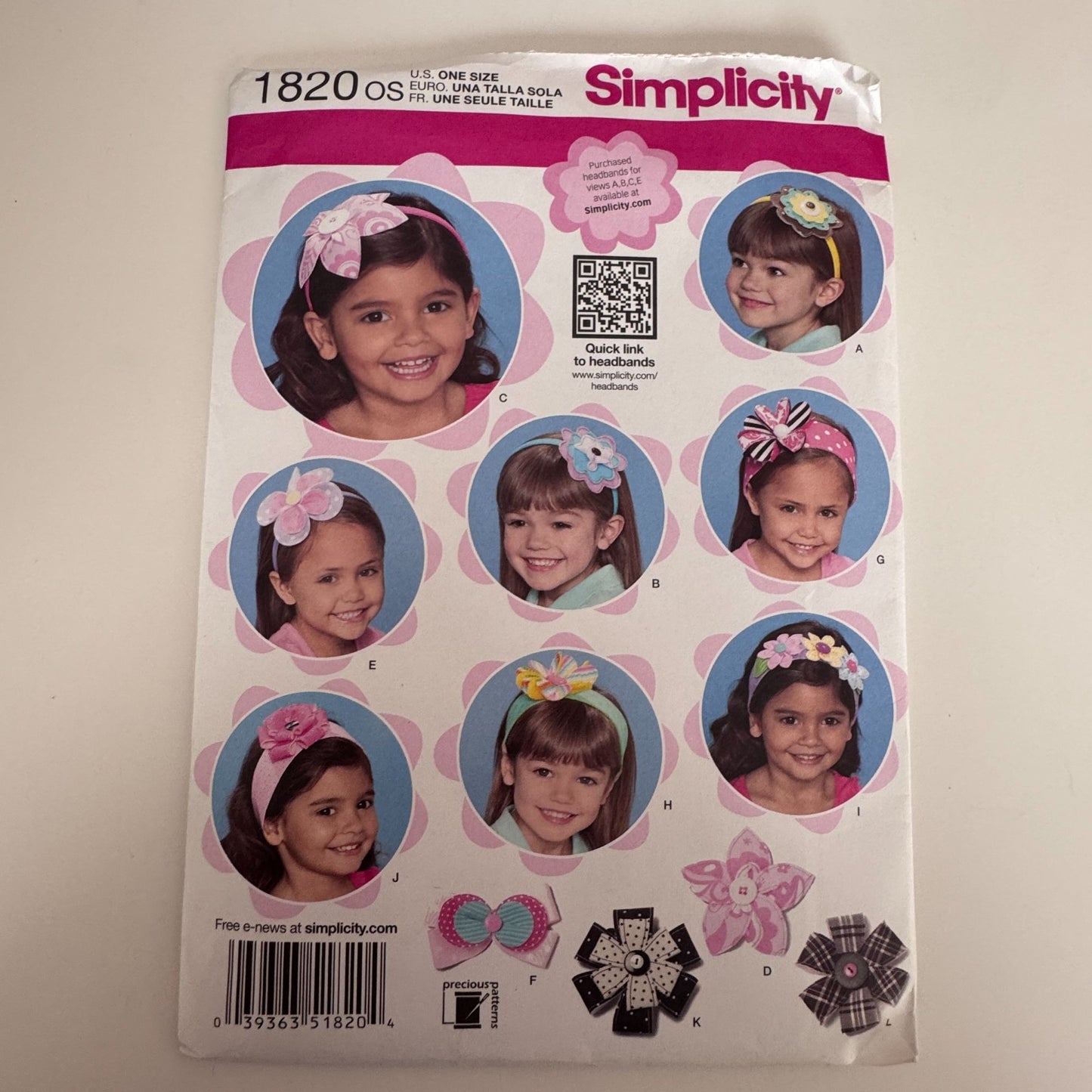 Simplicity Sewing Pattern 1820 Little Girls Flower Headbands Hair Accessories Fabric Bows Uncut
