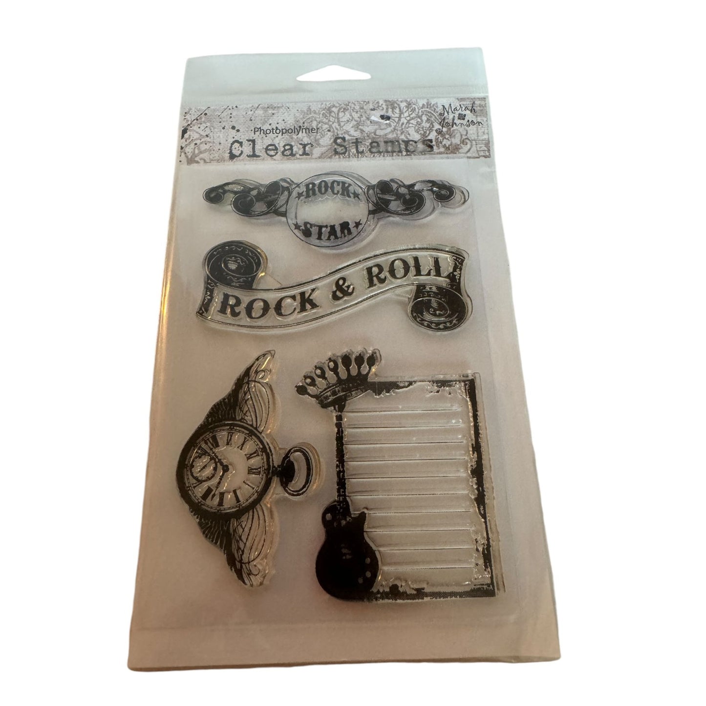 Hampton Art Photopolymer Clear Stamps Rock Star Steampunk Guitar Clock Feathers
