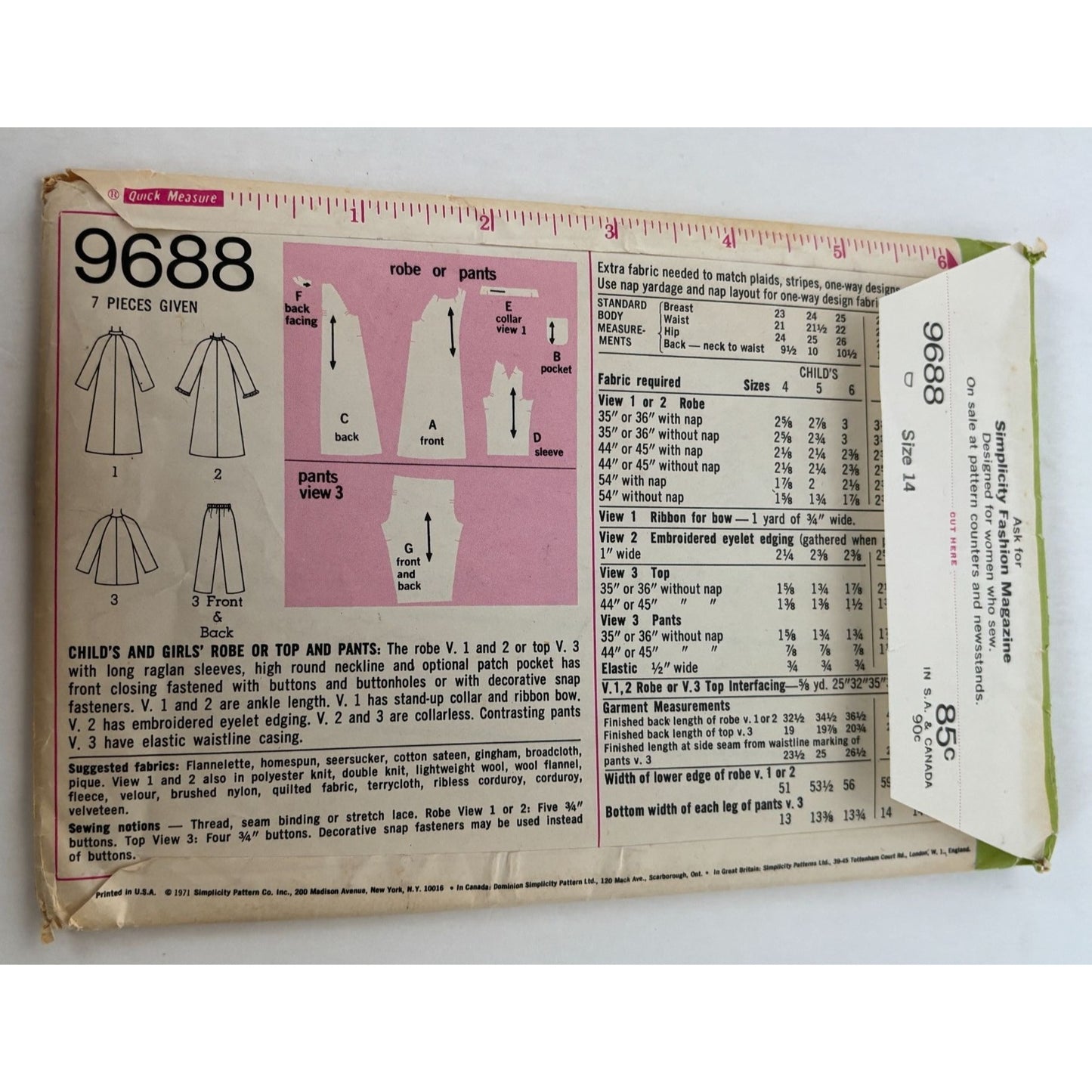 Simplicity Sewing Pattern 9688 Girls Robe Top Pants Pajamas Vintage 1970s UC 14