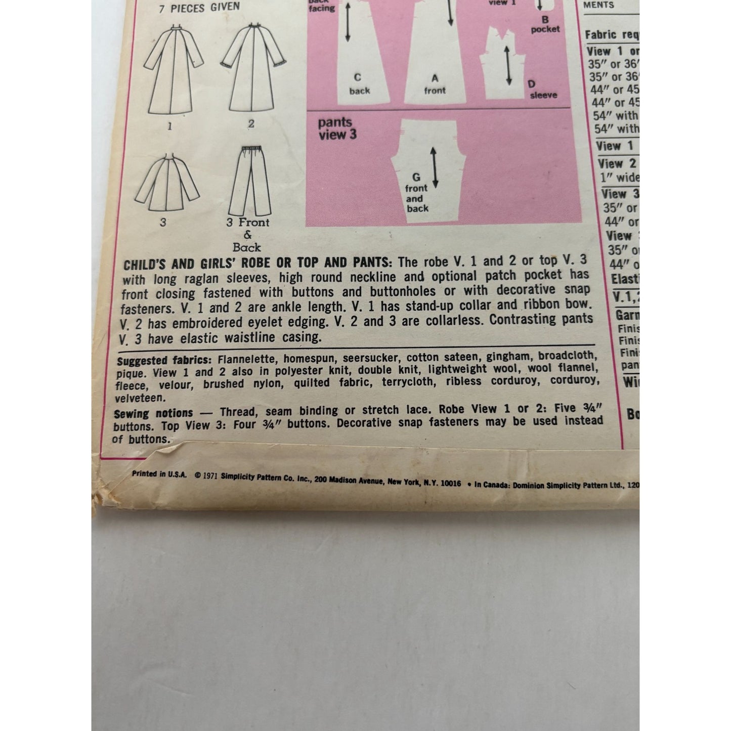 Simplicity Sewing Pattern 9688 Girls Robe Top Pants Pajamas Vintage 1970s UC 14