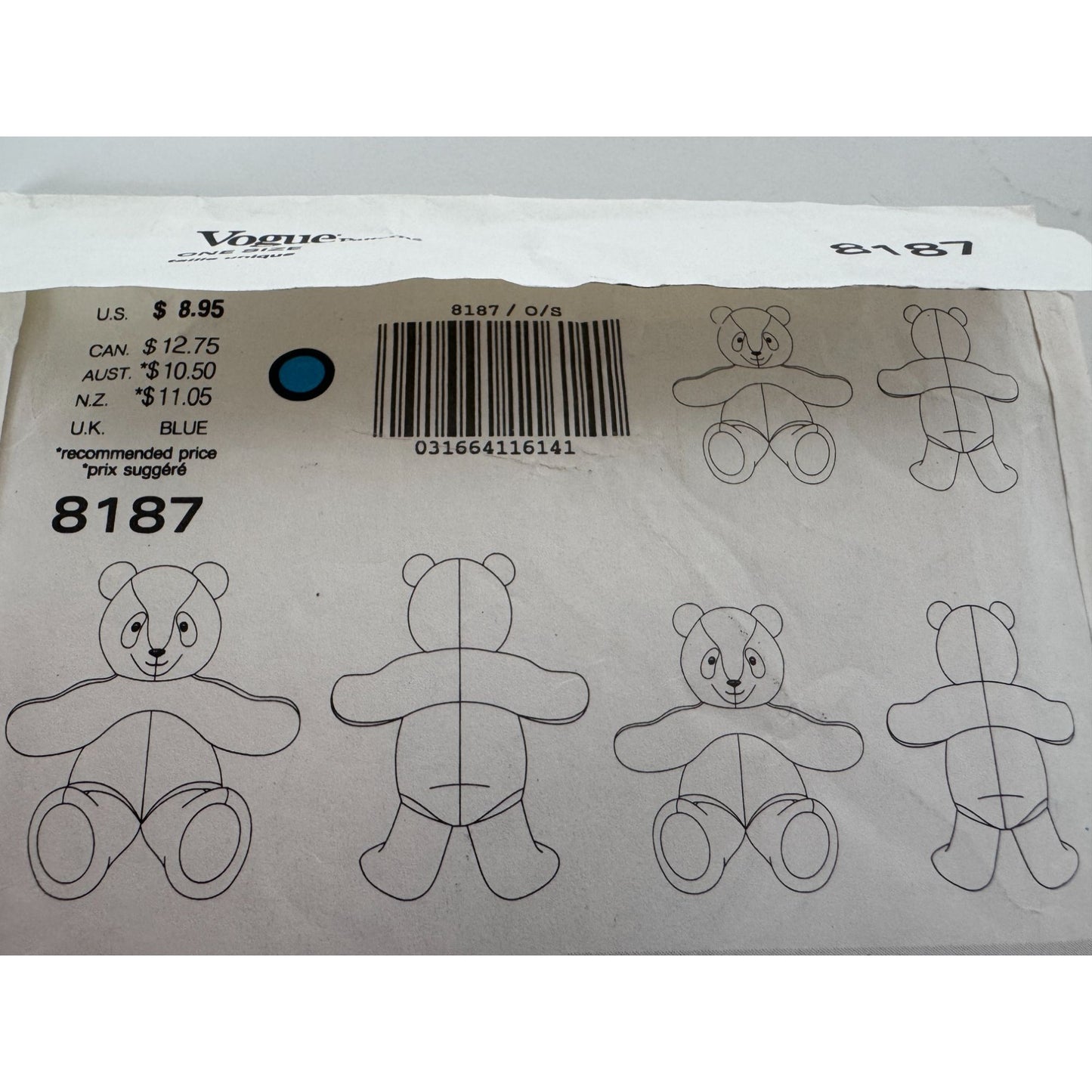 Vogue Craft Sewing Pattern 8187 Panda Bear Plush Toy Stuffed Animal Uncut