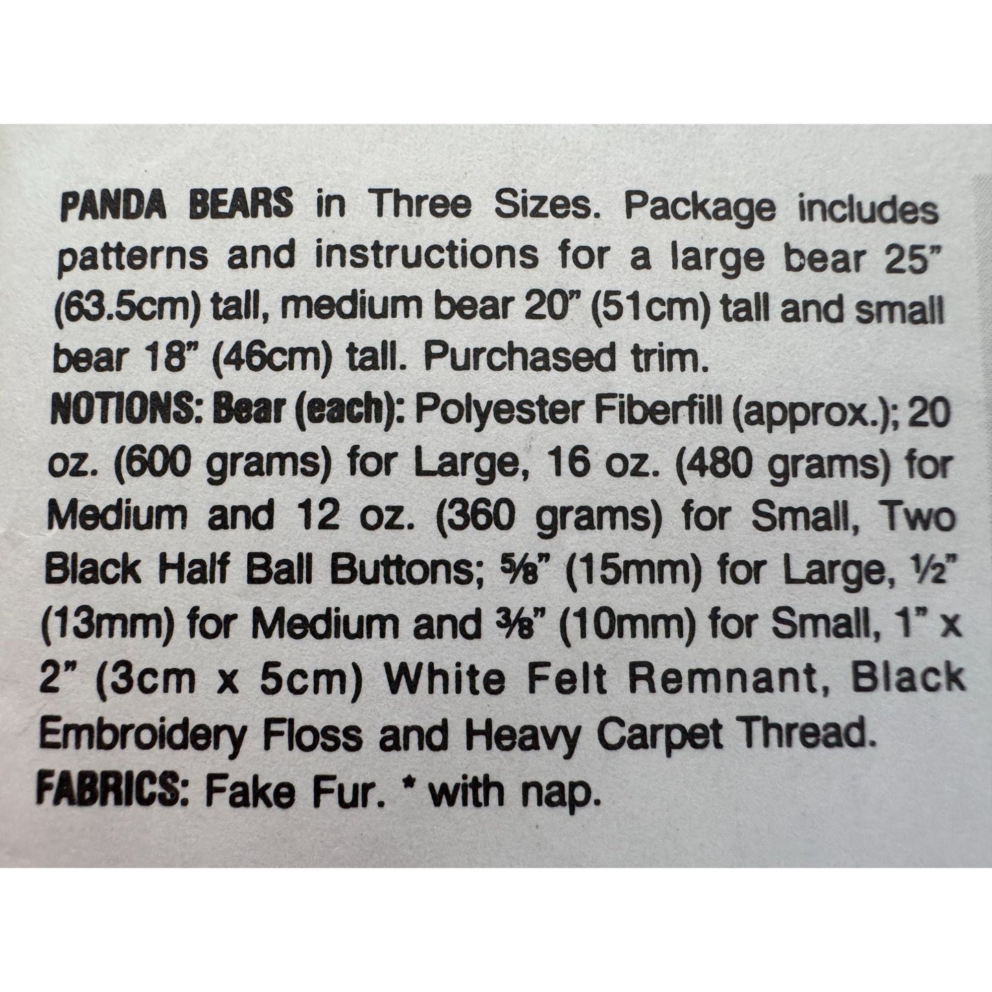Vogue Craft Sewing Pattern 8187 Panda Bear Plush Toy Stuffed Animal Uncut