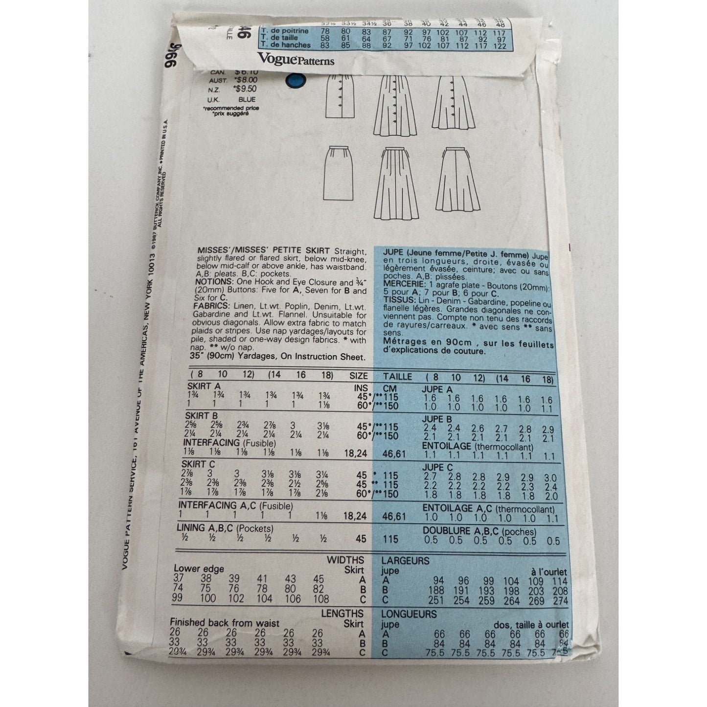 Vogue Sewing Pattern 9946 Straight or Slightly Flared Skirt Modest Long 8 10 12
