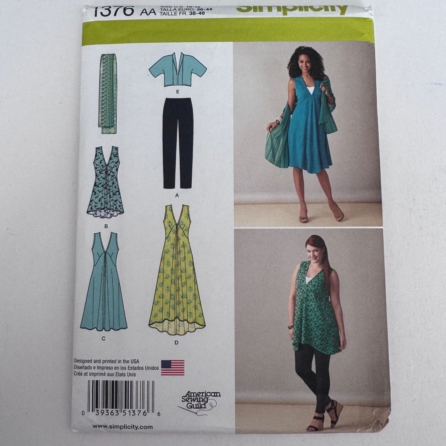 Simplicity Sewing Pattern 1376 Dress Tunic Top Modern Casual Outfit 10-18 Uncut Leggings Jacket