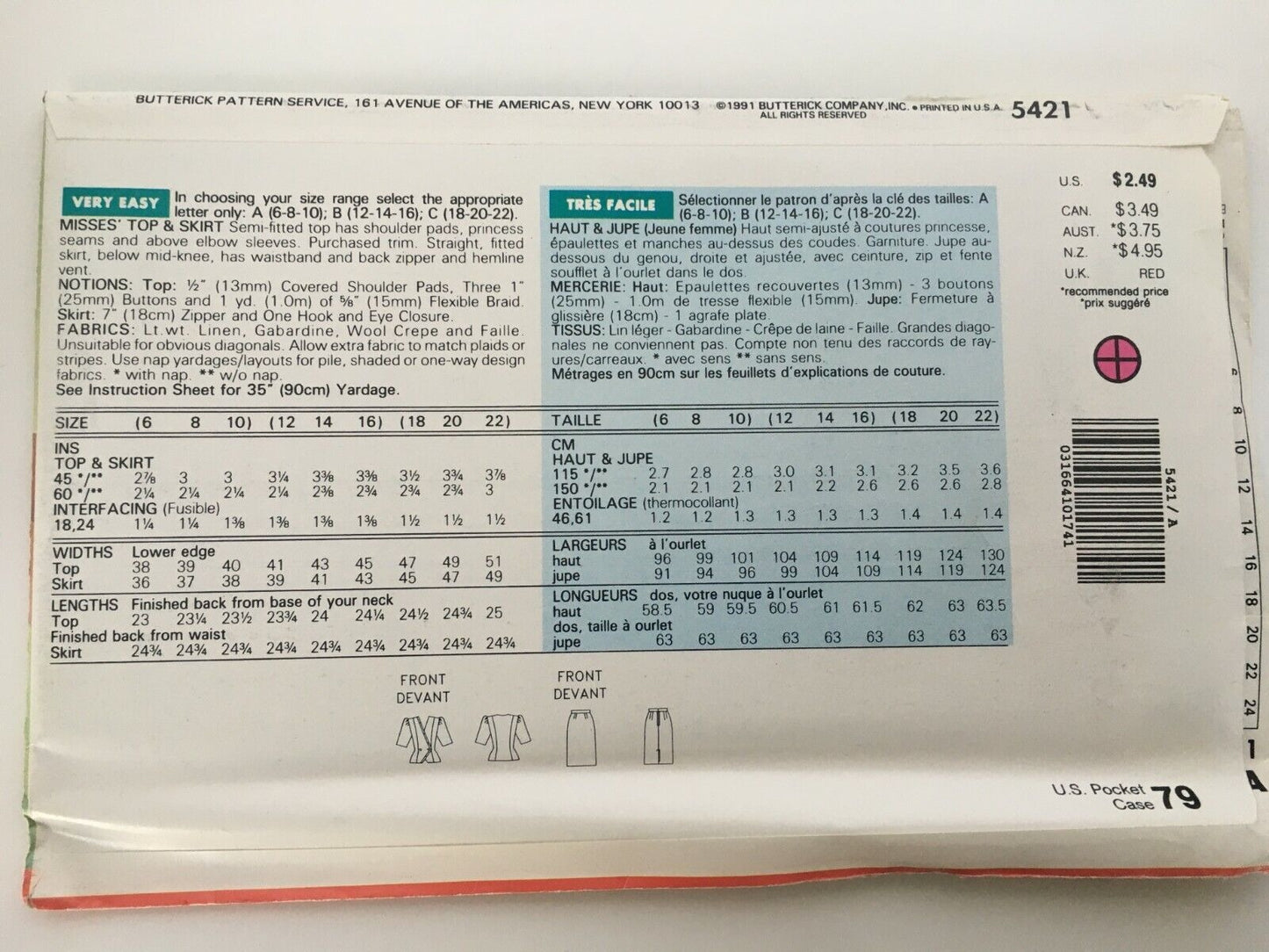 Butterick Sewing Pattern 5421 Pencil Skirt Suit Work 1990s Vintage 6 8 10 UC
