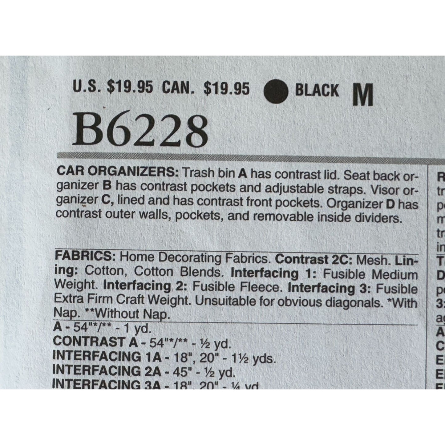 Butterick Sewing Pattern B6228 Car Grocery Organizer Trunk Box Seat Back Visor