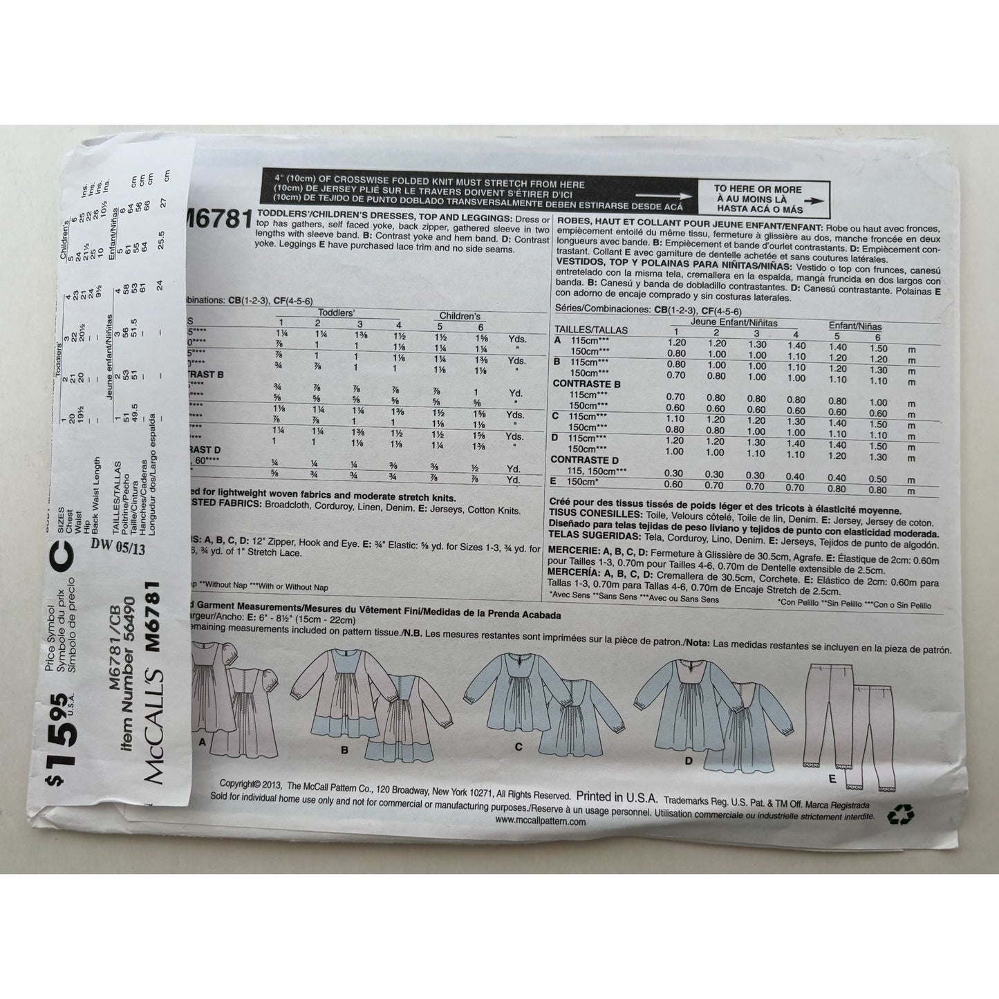 McCalls Sewing Pattern M6781 Laura Ashley Dress Top Leggings Girls 12M-3T Easy