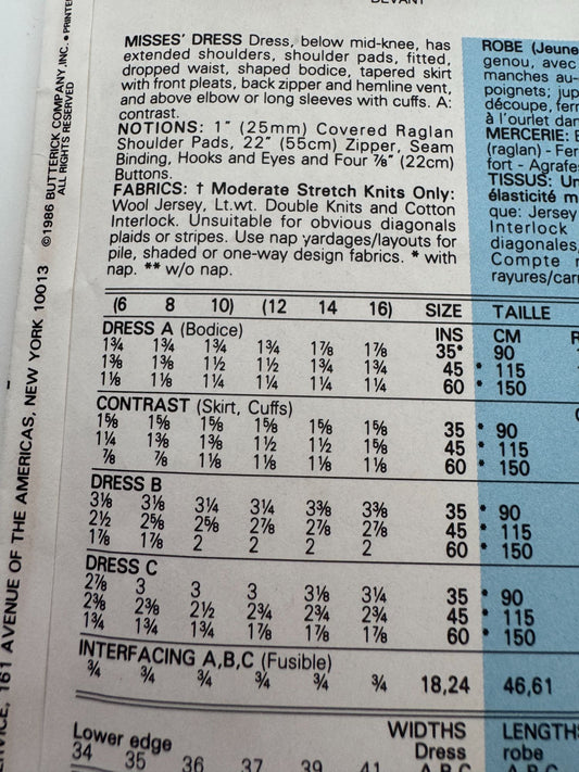 Butterick Sewing Pattern 4067 Misses Dress Structured 1980s Sizes 6-10 Uncut