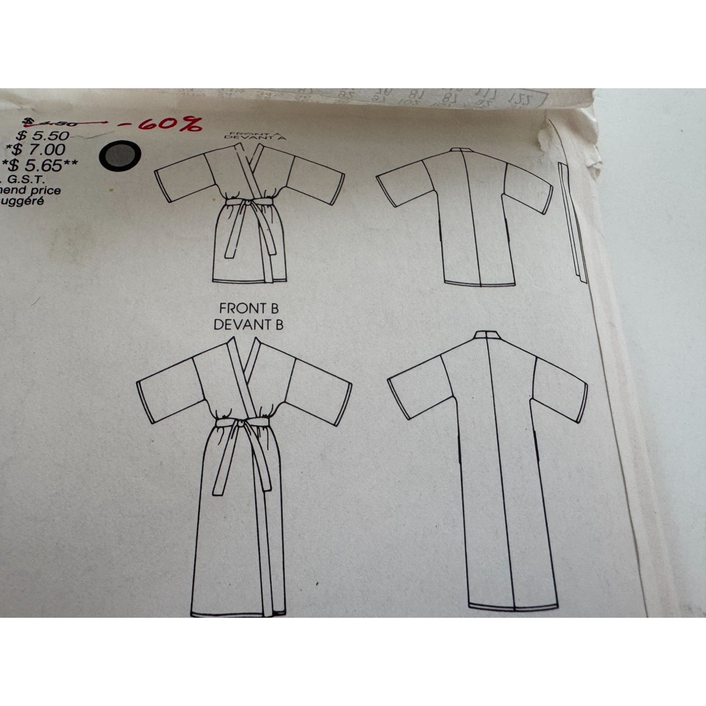 Vogue Sewing Pattern 8155 Front Wrap Bath Robe Bathrobe Unisex XL 1980s Uncut