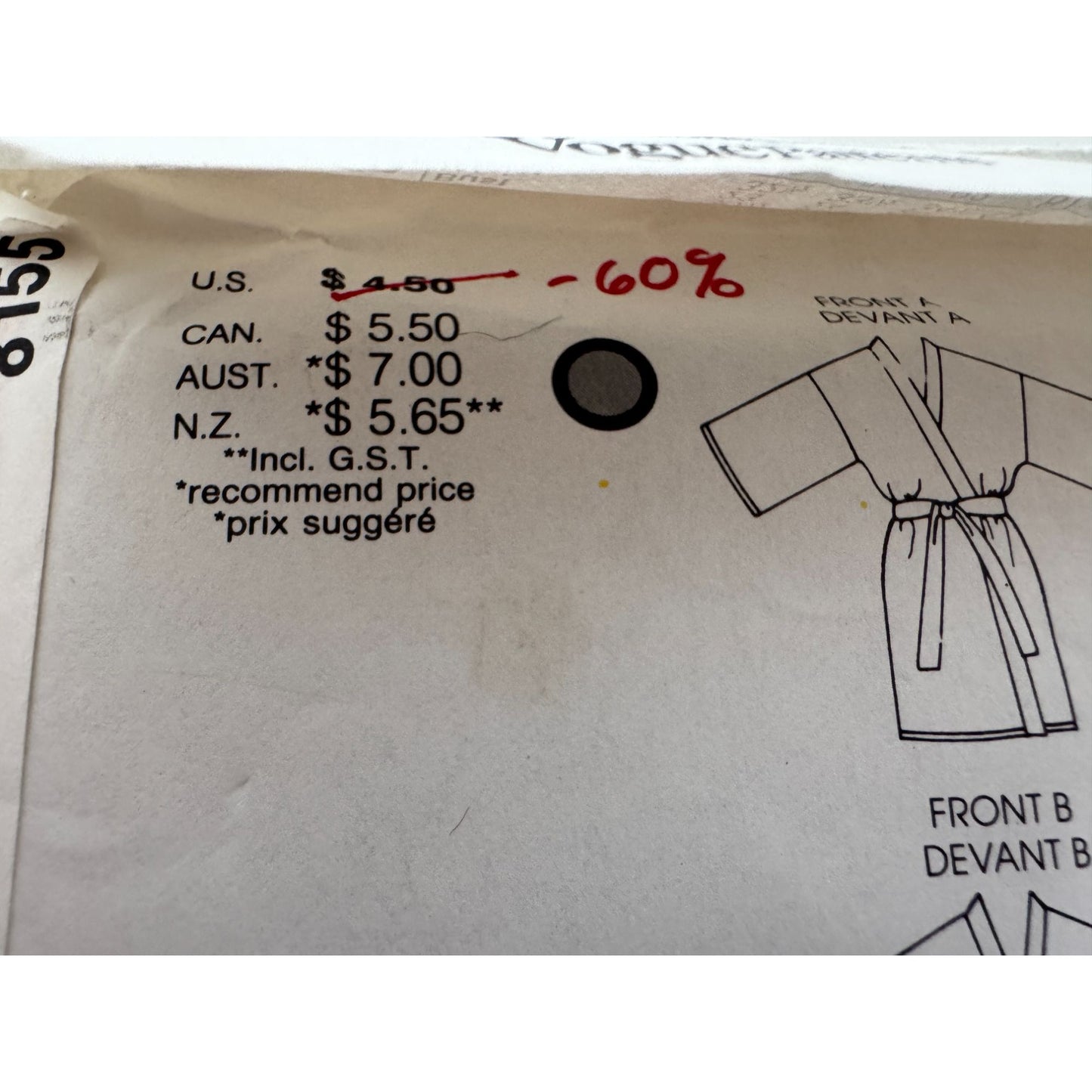 Vogue Sewing Pattern 8155 Front Wrap Bath Robe Bathrobe Unisex XL 1980s Uncut