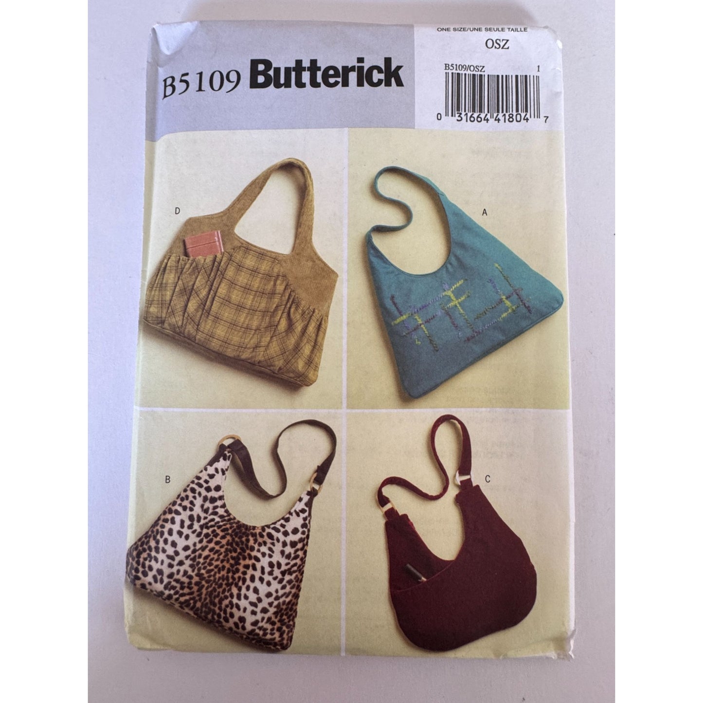 Butterick Sewing Pattern B5109 Large Bags Pockets Hobo Bag Purse Tote Uncut Adjustable Straps