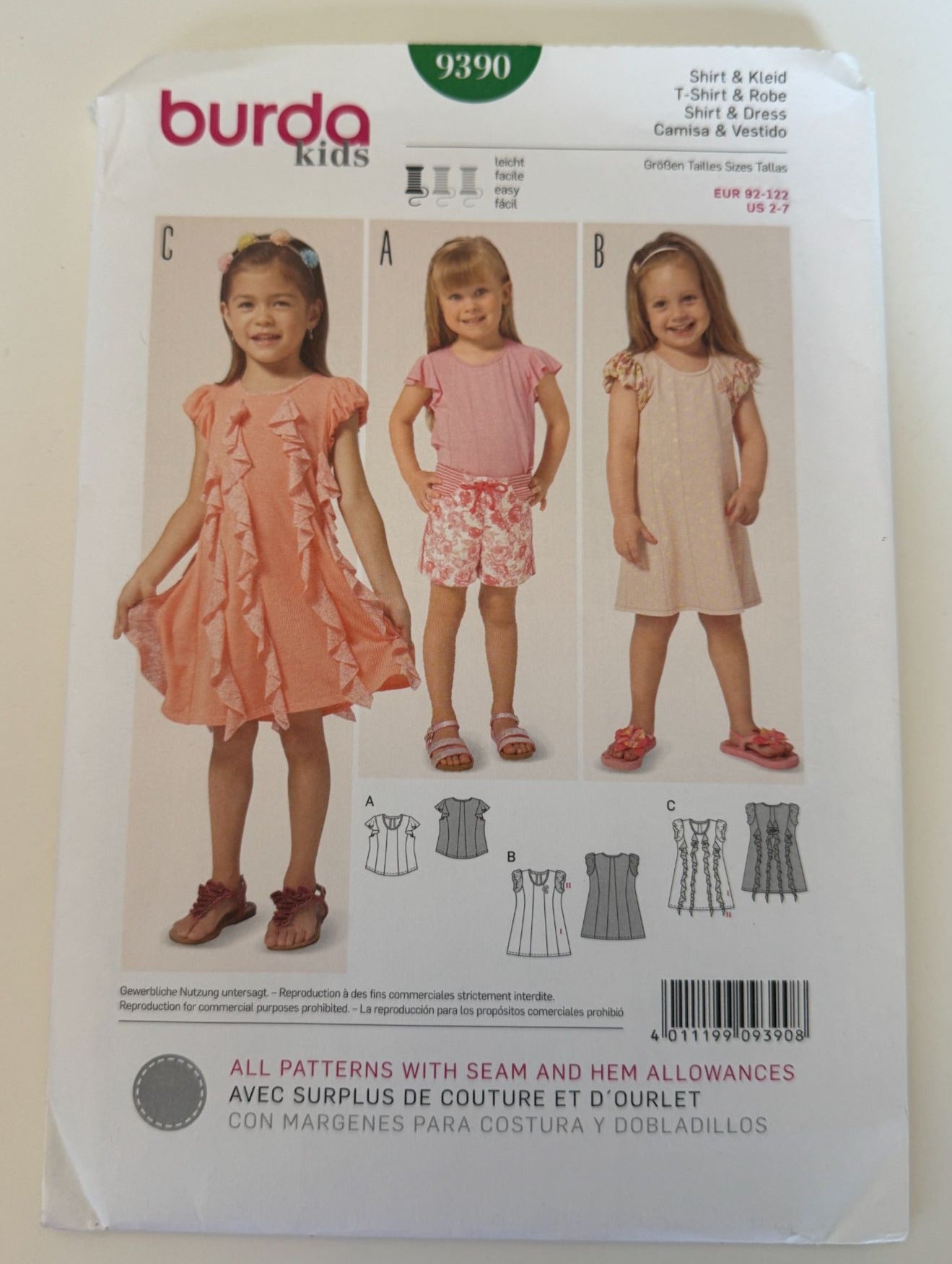 Burda Kids Sewing Pattern 9390 Shirt Top Dress For Girls 2-7 Easy Jersey Play UC