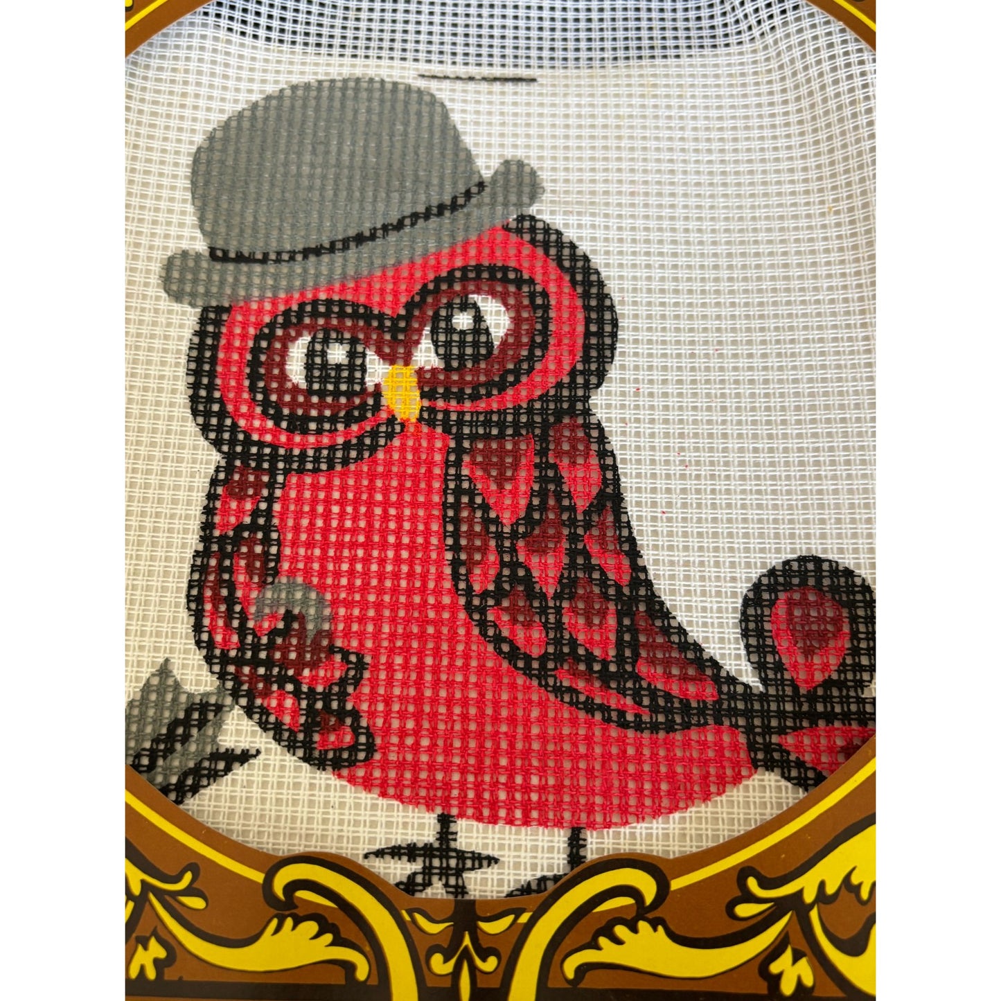 Stylish Red Owl in Hat Needlepoint Kit Needlework Embroidery Stramin Canvas