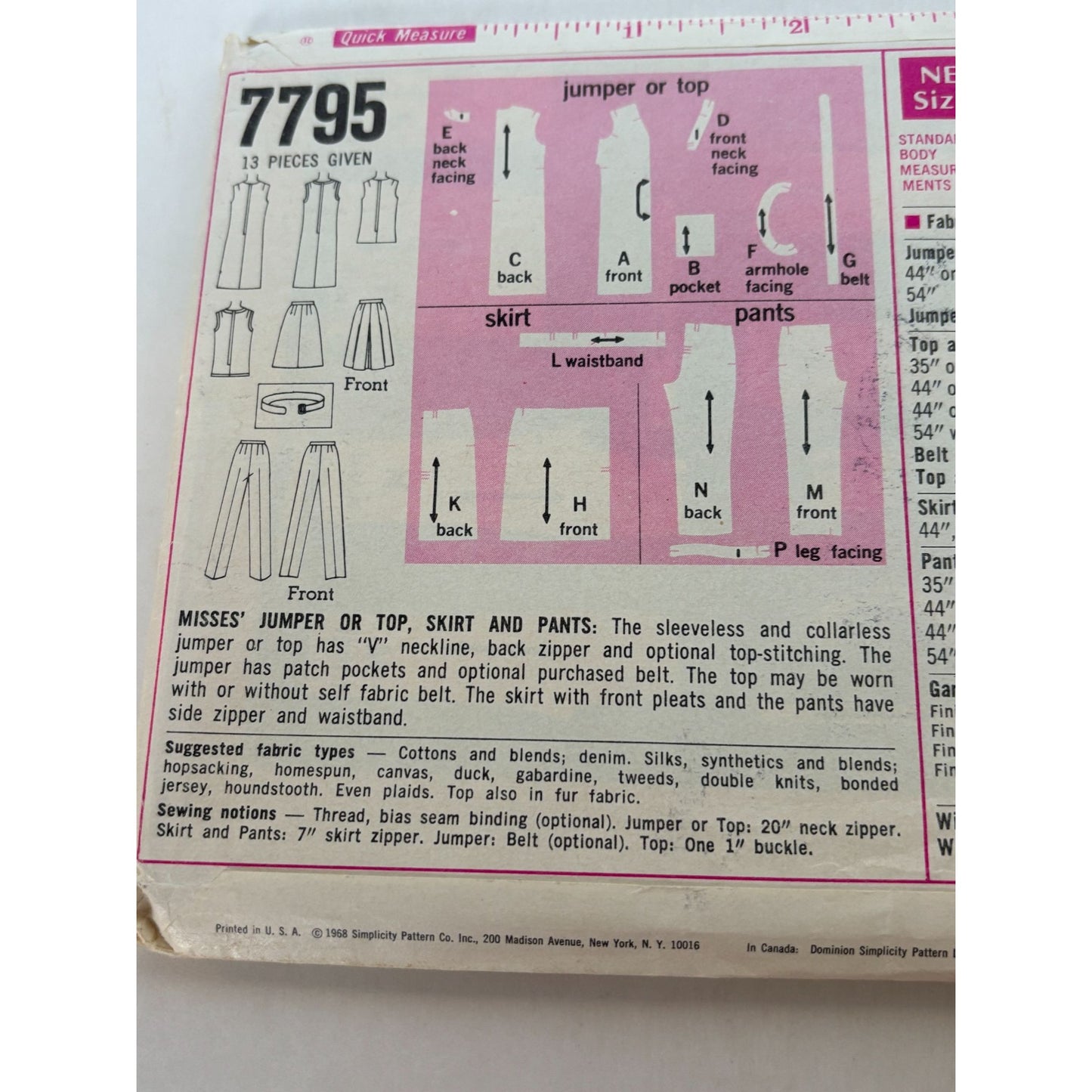 Simplicity Sewing Pattern 7795 Vintage Jumper Top Skirt Pants 1960s Size 12 UC