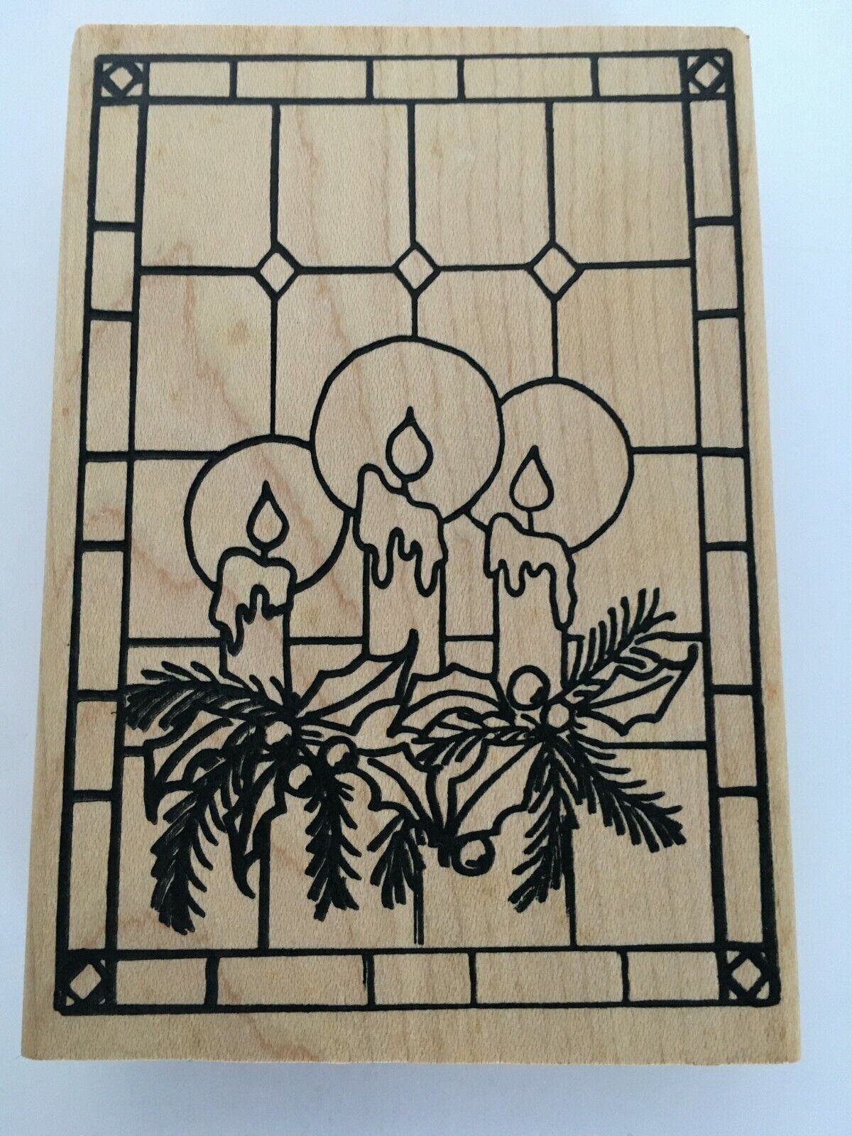 Raindrops on Roses Rubber Stamp Christmas Candles Holly Window Stained Glass